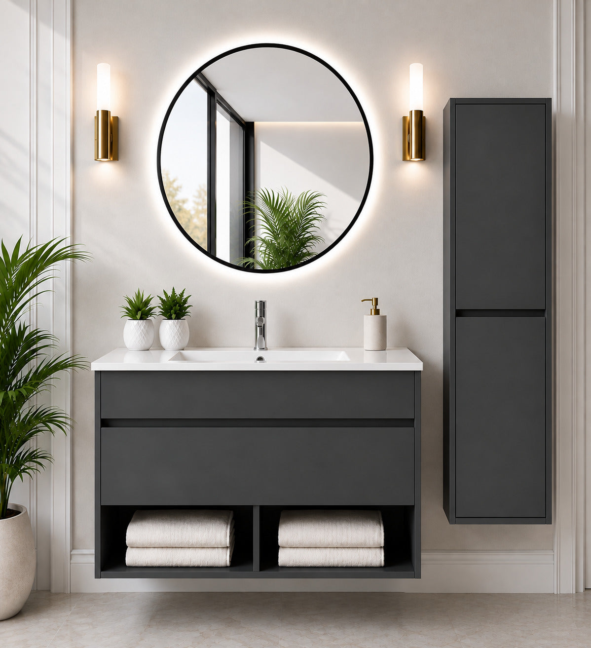 Badmöbel Hängend Mit Waschbecken Extra Flach Origenbath Nebari Mit Schublade Ohne Spiegel 90x45 Cm Graphit Mit Säule