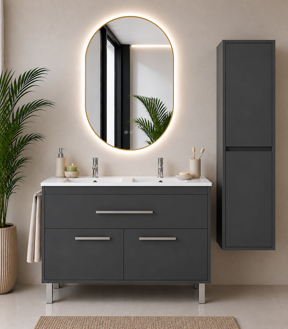 Badmöbel Mit Waschbecken Origenbath Bahia Ohne Spiegel 120x45 Cm Doppelwaschbecken Graphit Mit Säule
