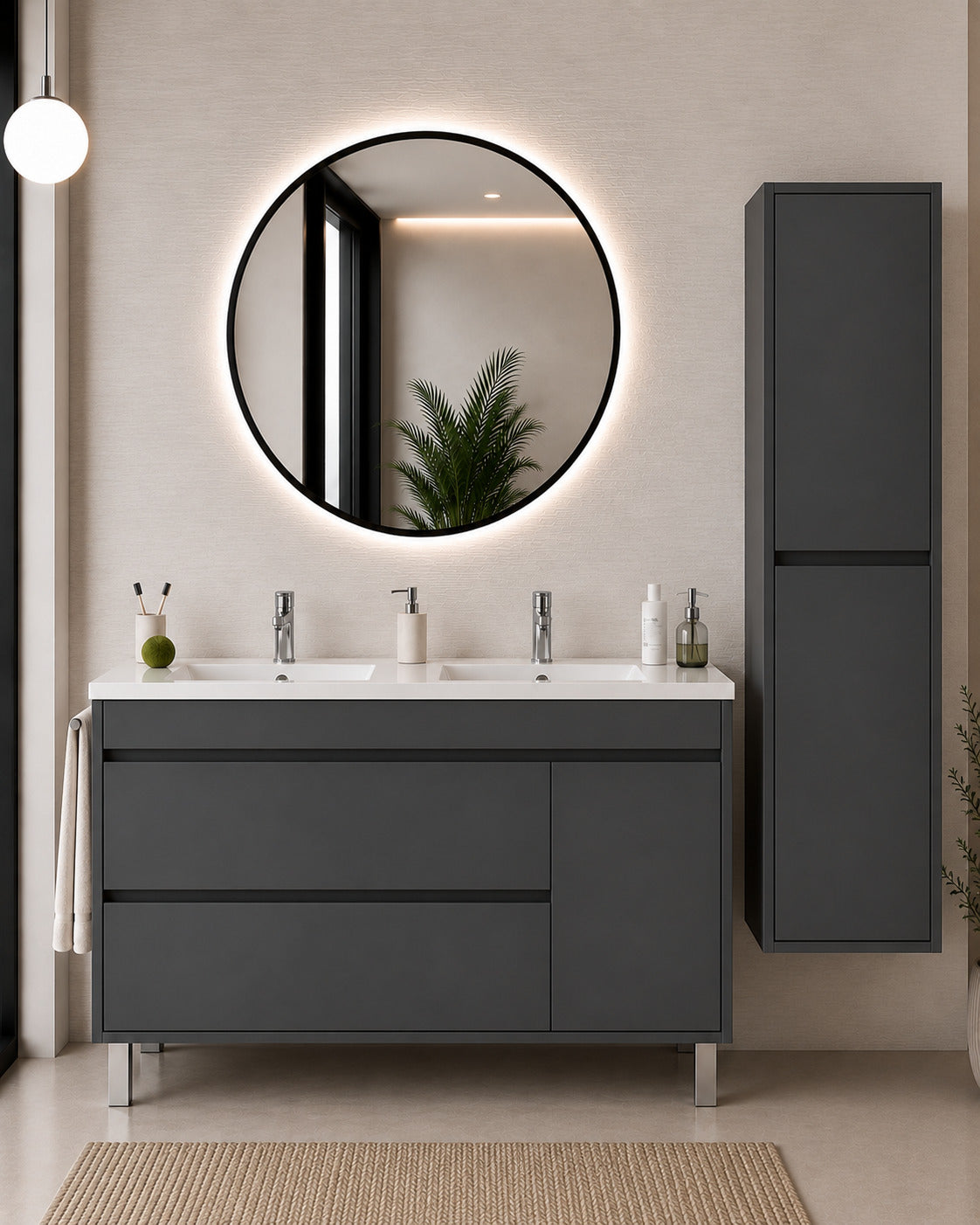 Badmöbel Mit Waschbecken Origenbath Caprera Ohne Spiegel 120x45 Cm Doppelwaschbecken Graphit Mit Säule