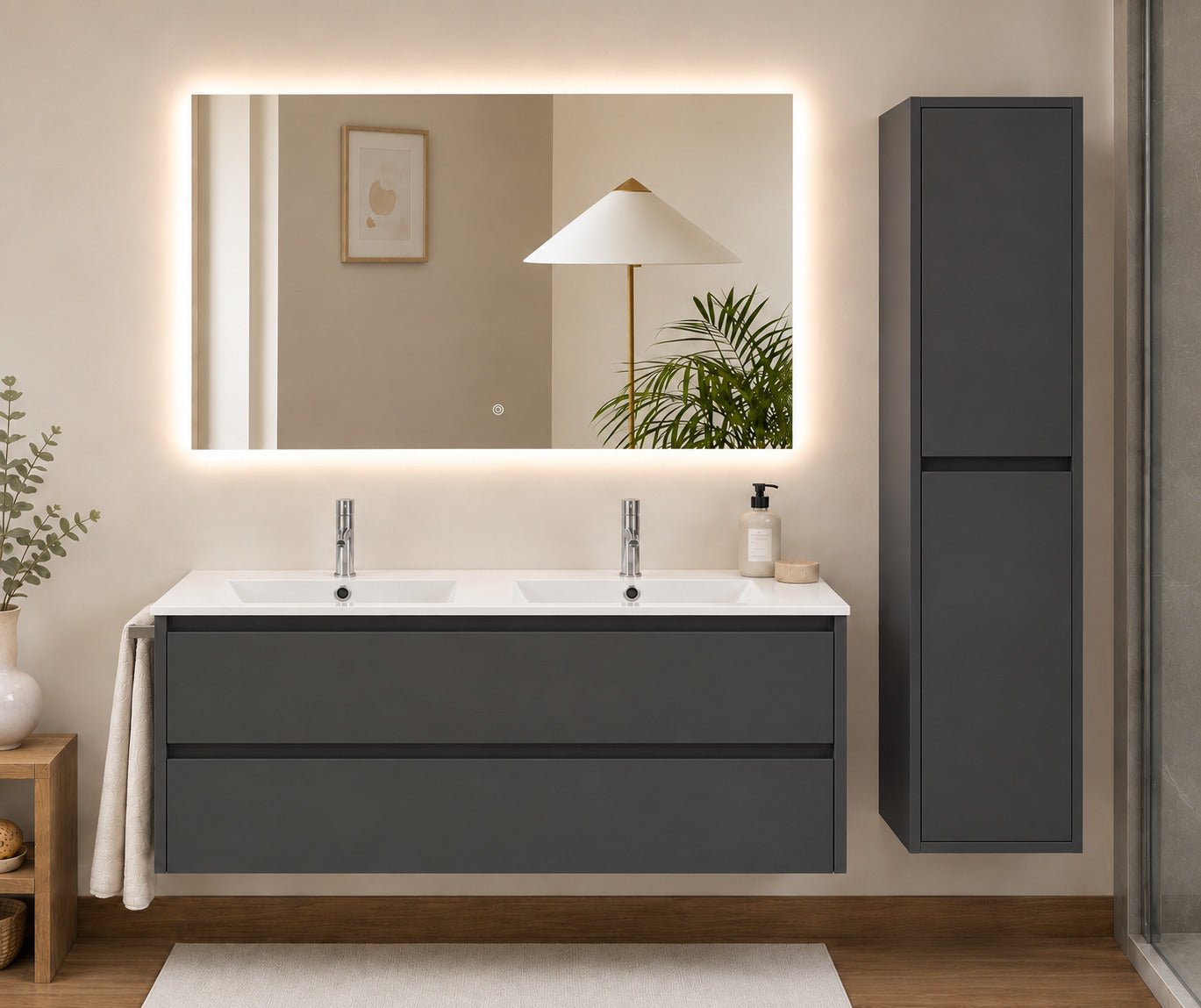 Badmöbel Mit Waschbecken Origenbath Ibiza Ohne Spiegel 120x45 Cm Doppelwaschbecken Graphit Mit Säule
