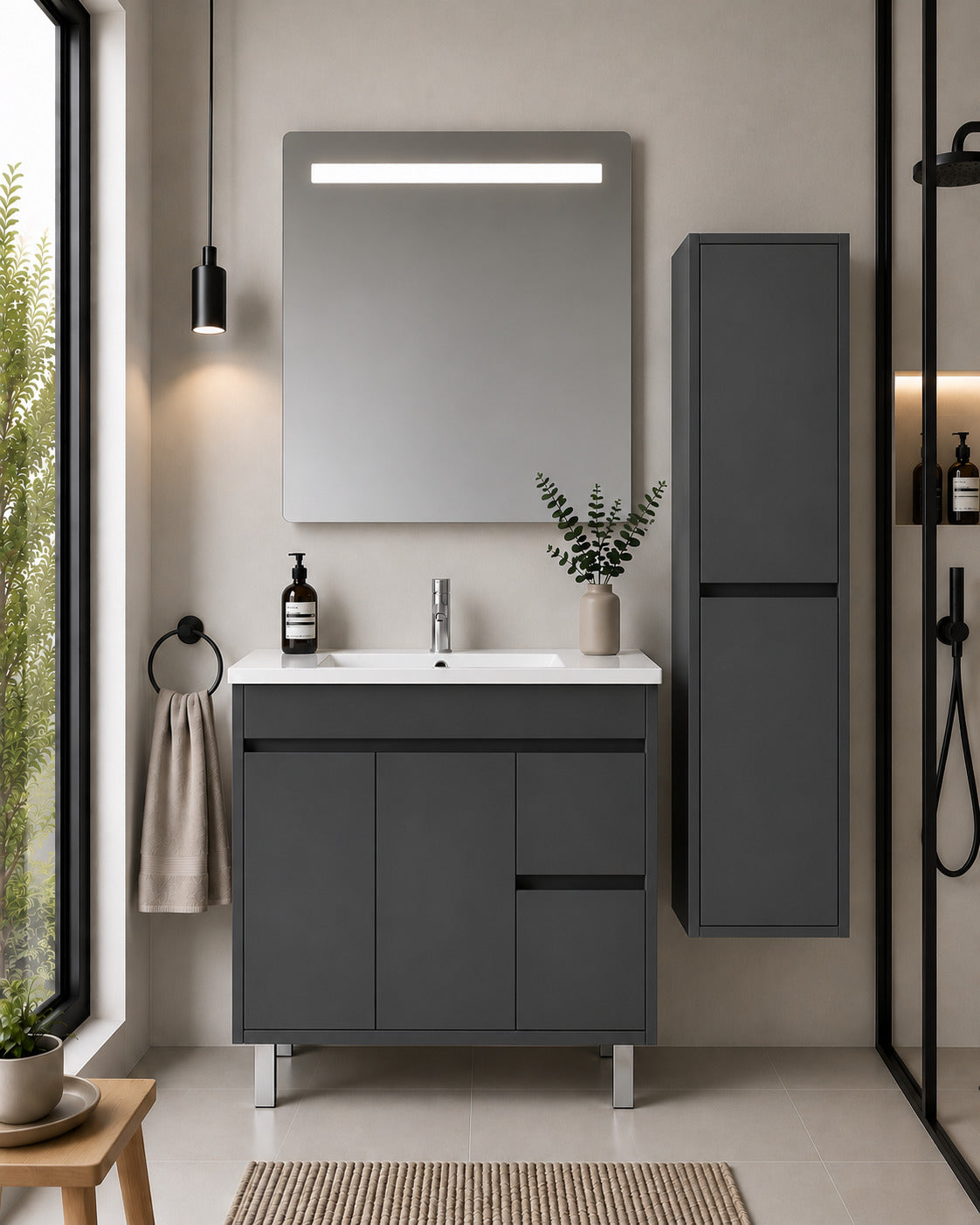 Badmöbel Mit Waschbecken Origenbath Isquia Ohne Spiegel 100x45 Cm Graphit Mit Säule