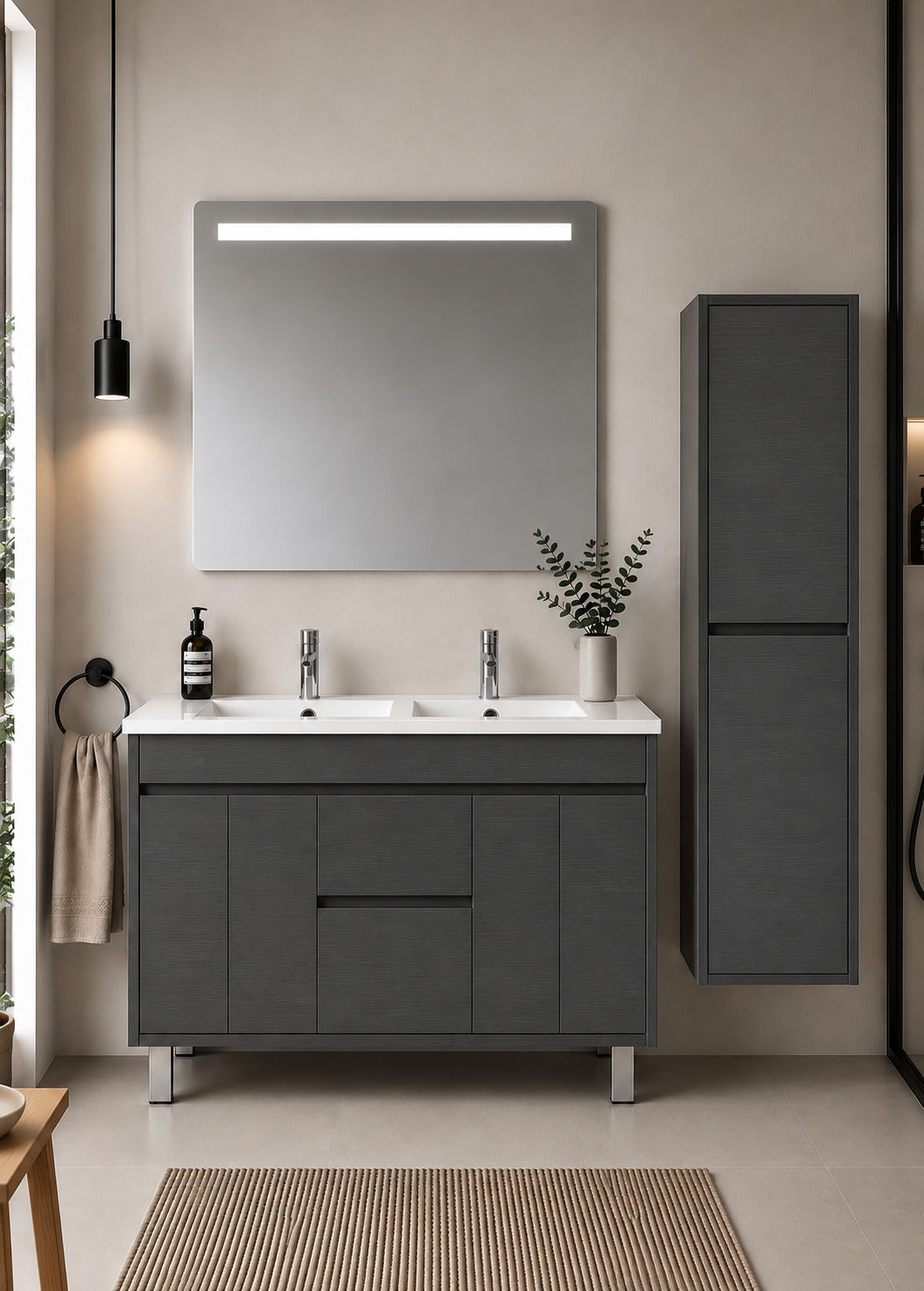 Badmöbel Mit Waschbecken Origenbath Isquia Ohne Spiegel 120x45 Cm Doppelwaschbecken Graphit Mit Säule