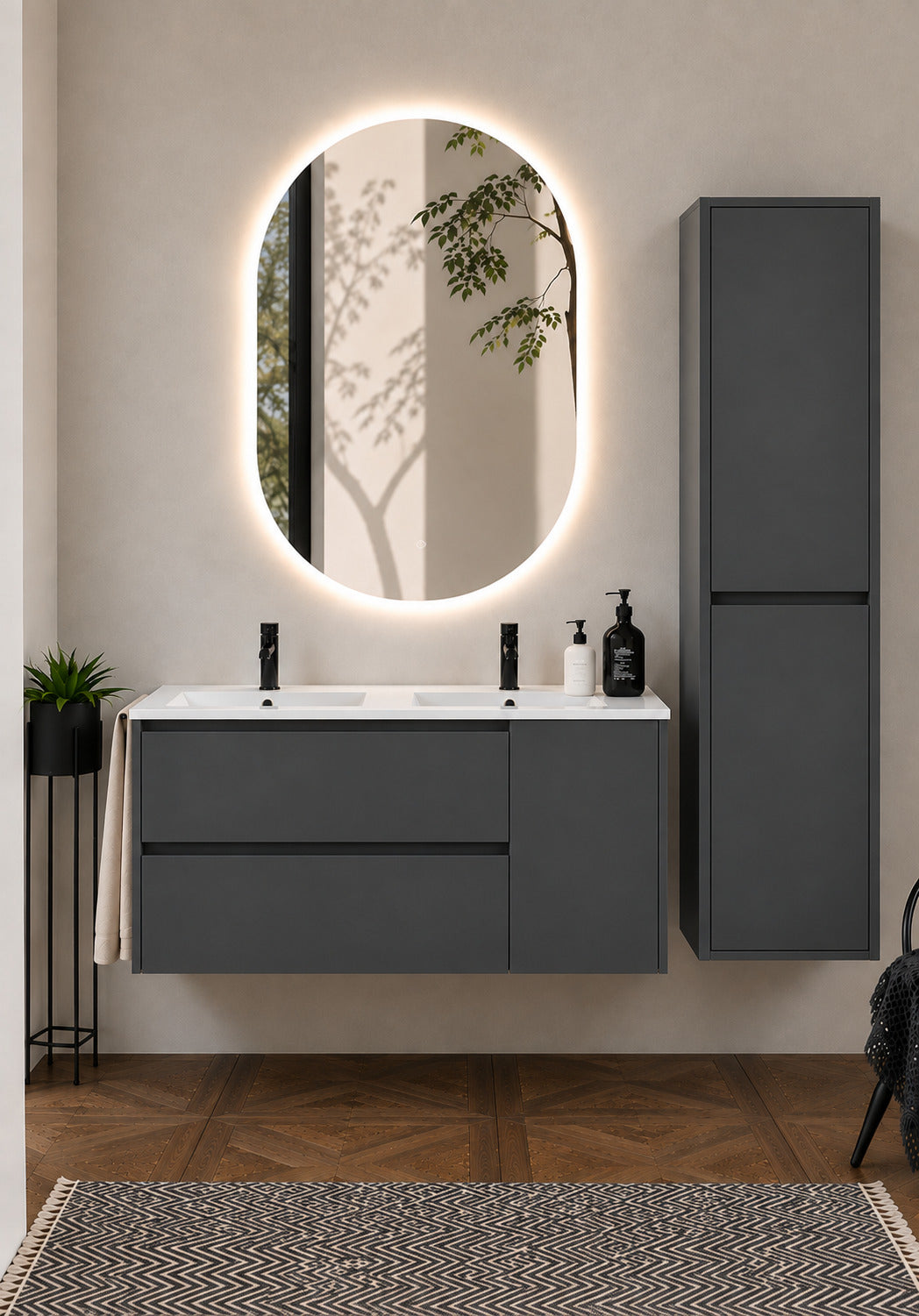 Badmöbel Mit Waschbecken Origenbath Itaca Ohne Spiegel 120x45 Cm Doppelwaschbecken Graphit Mit Säule