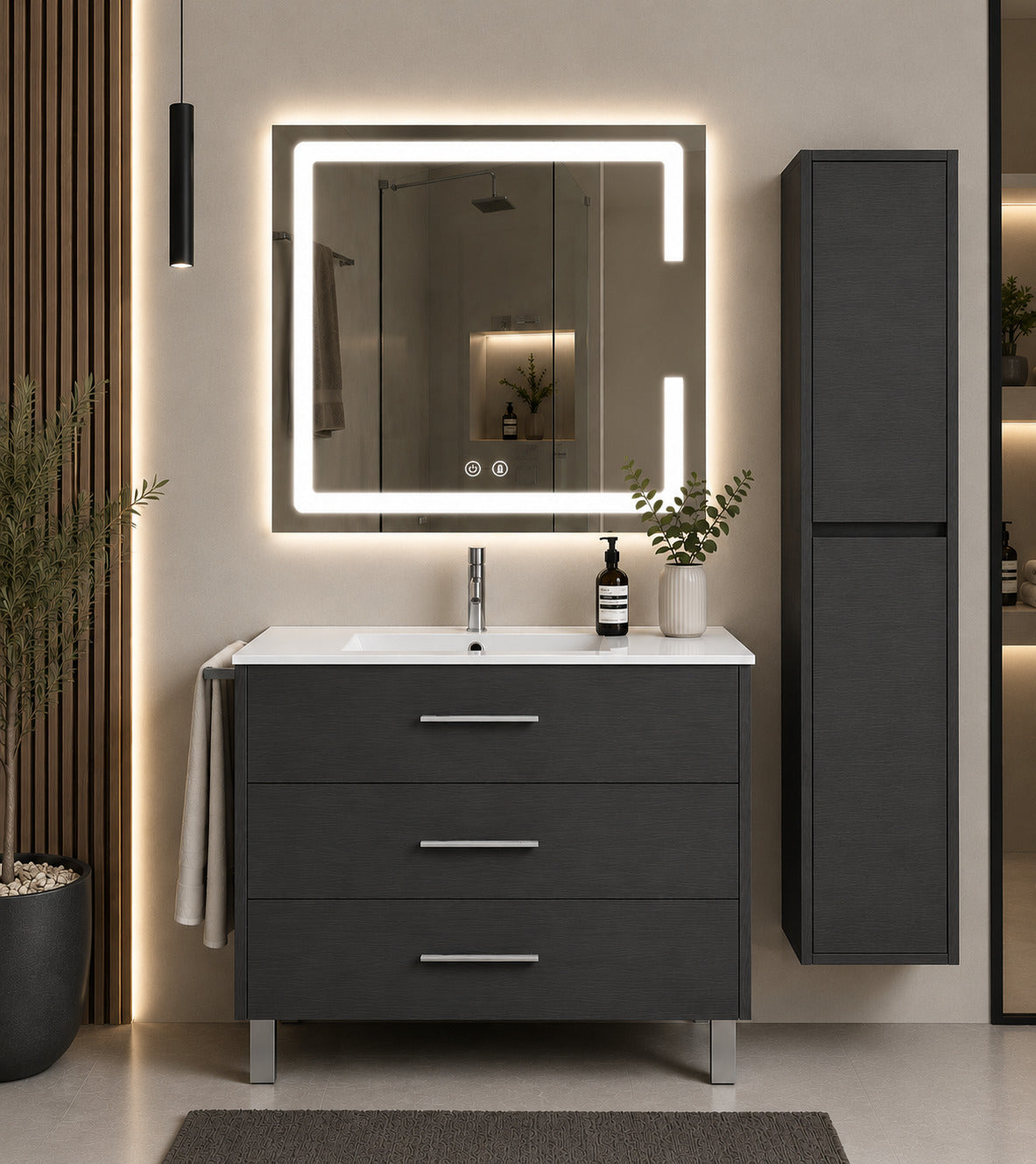 Badmöbel Mit Waschbecken Origenbath Ribera Ohne Spiegel 120x45 Cm 1 Becken Graphit Mit Säule