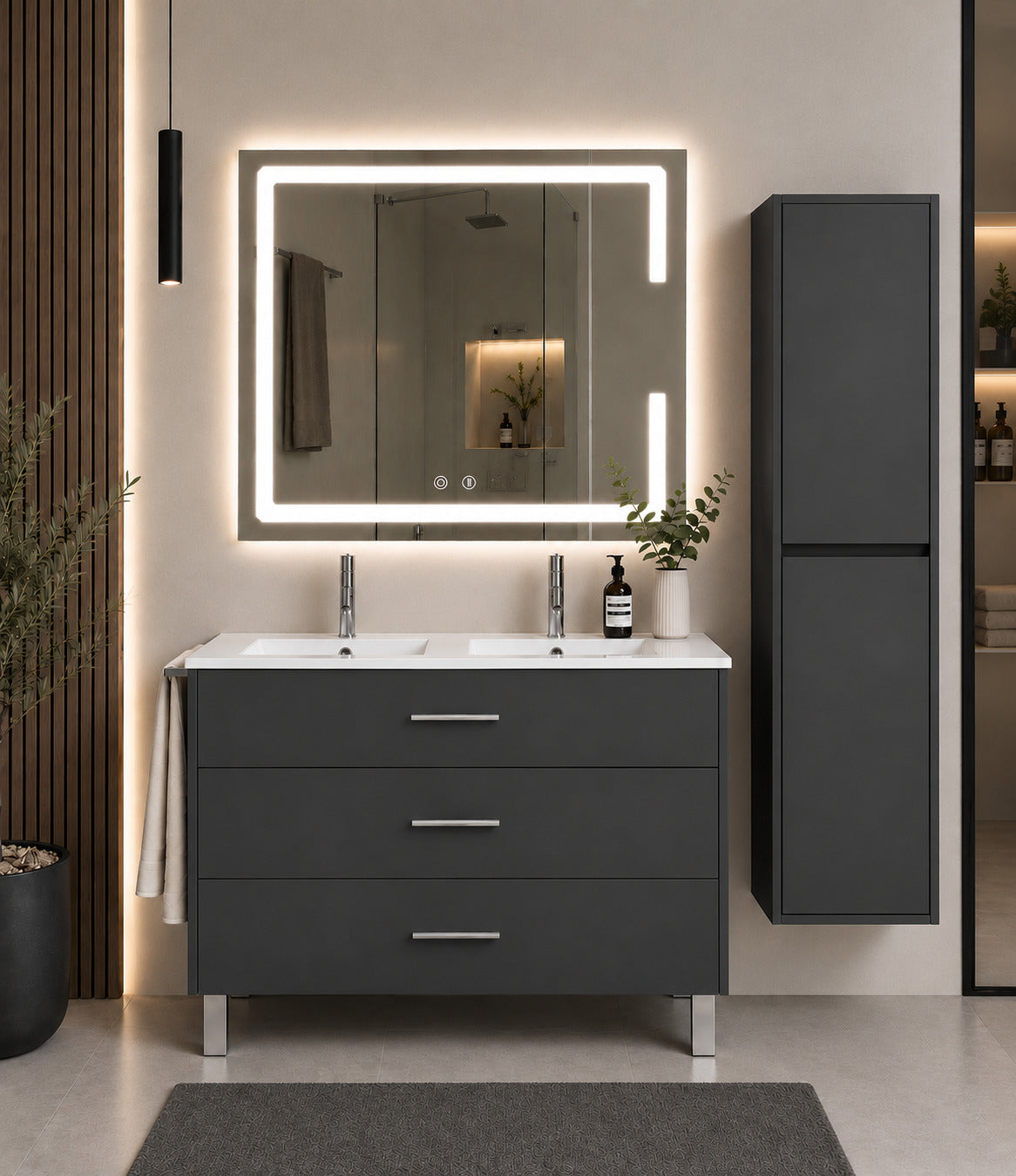 Badmöbel Mit Waschbecken Origenbath Ribera Ohne Spiegel 120x45 Cm Doppelwaschbecken Graphit Mit Säule