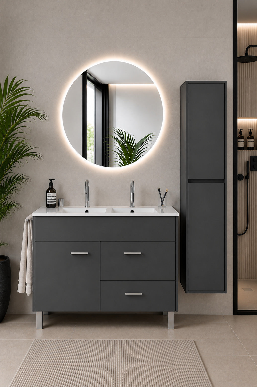 Badmöbel Mit Waschbecken Origenbath Samos Ohne Spiegel 120x45 Cm Doppelwaschbecken Graphit Mit Säule
