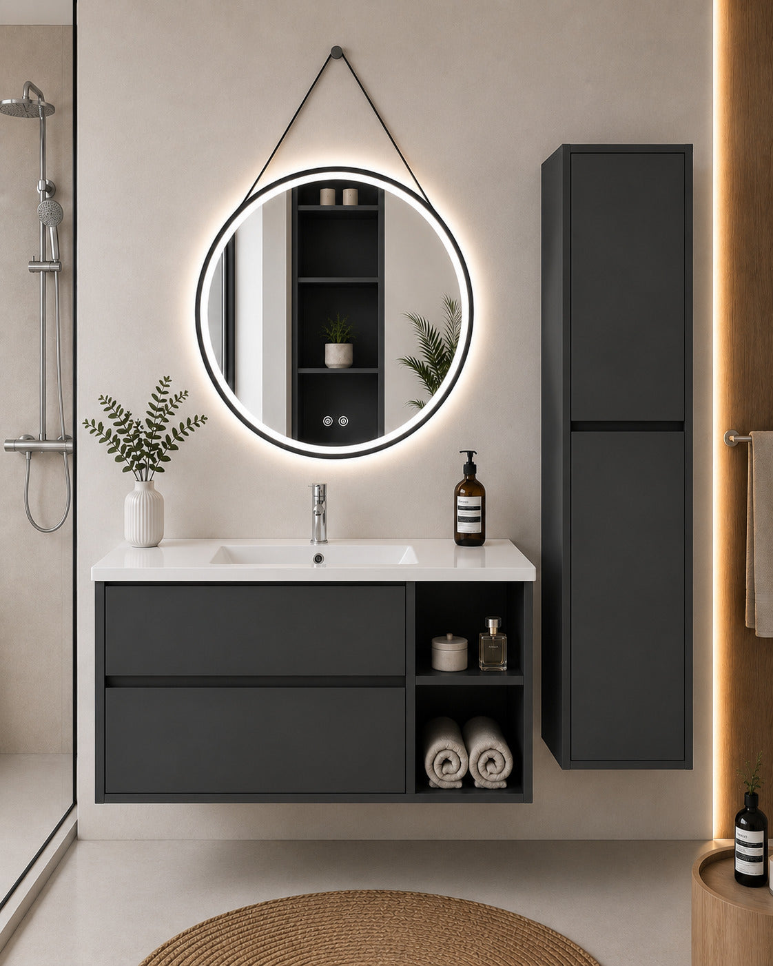 Badmöbel Mit Waschbecken Origenbath Zeus Ohne Spiegel 100x40 Cm Rechts Graphit Mit Säule