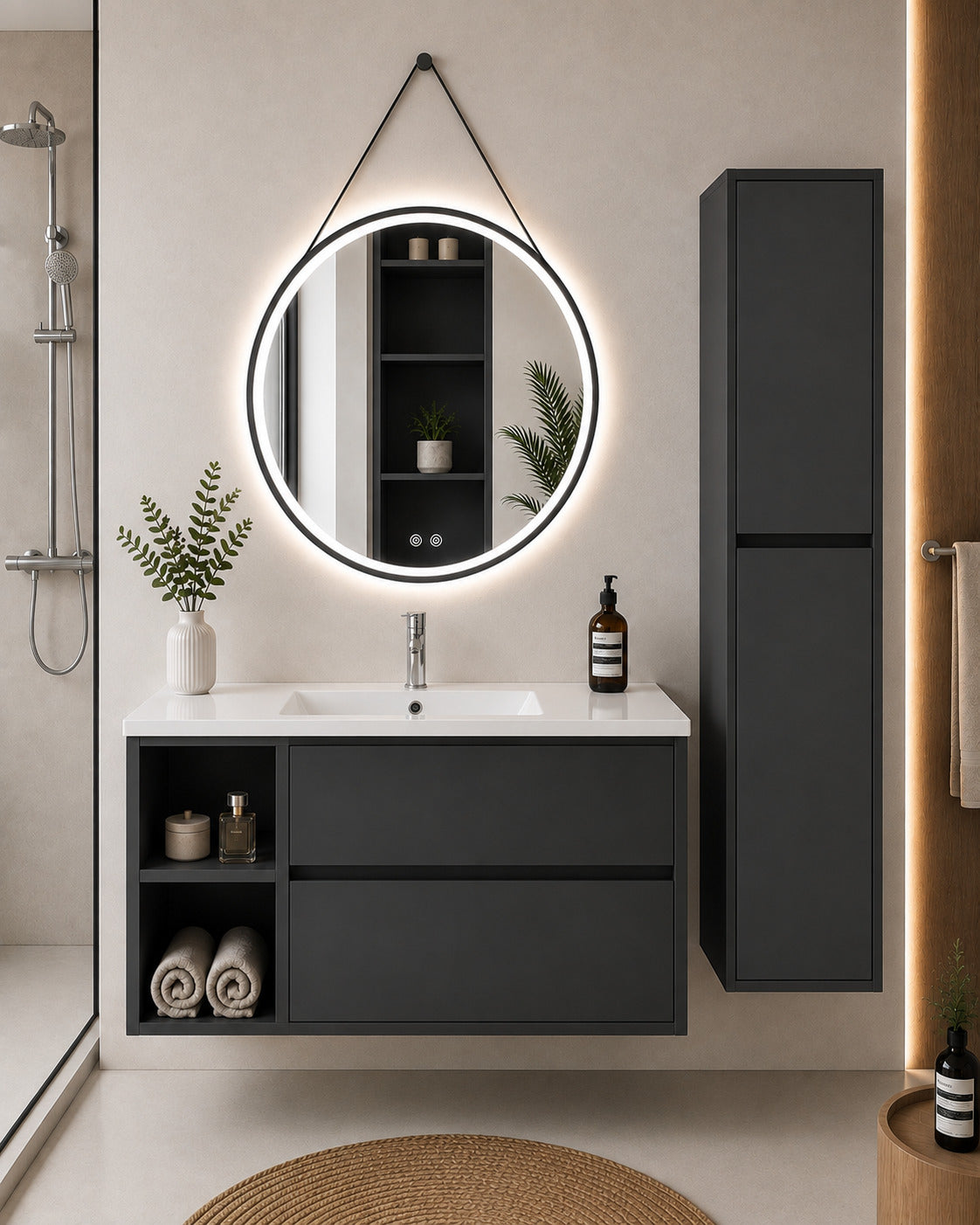 Badmöbel Mit Waschbecken Origenbath Zeus Ohne Spiegel 80x40 Cm Links Graphit Mit Säule