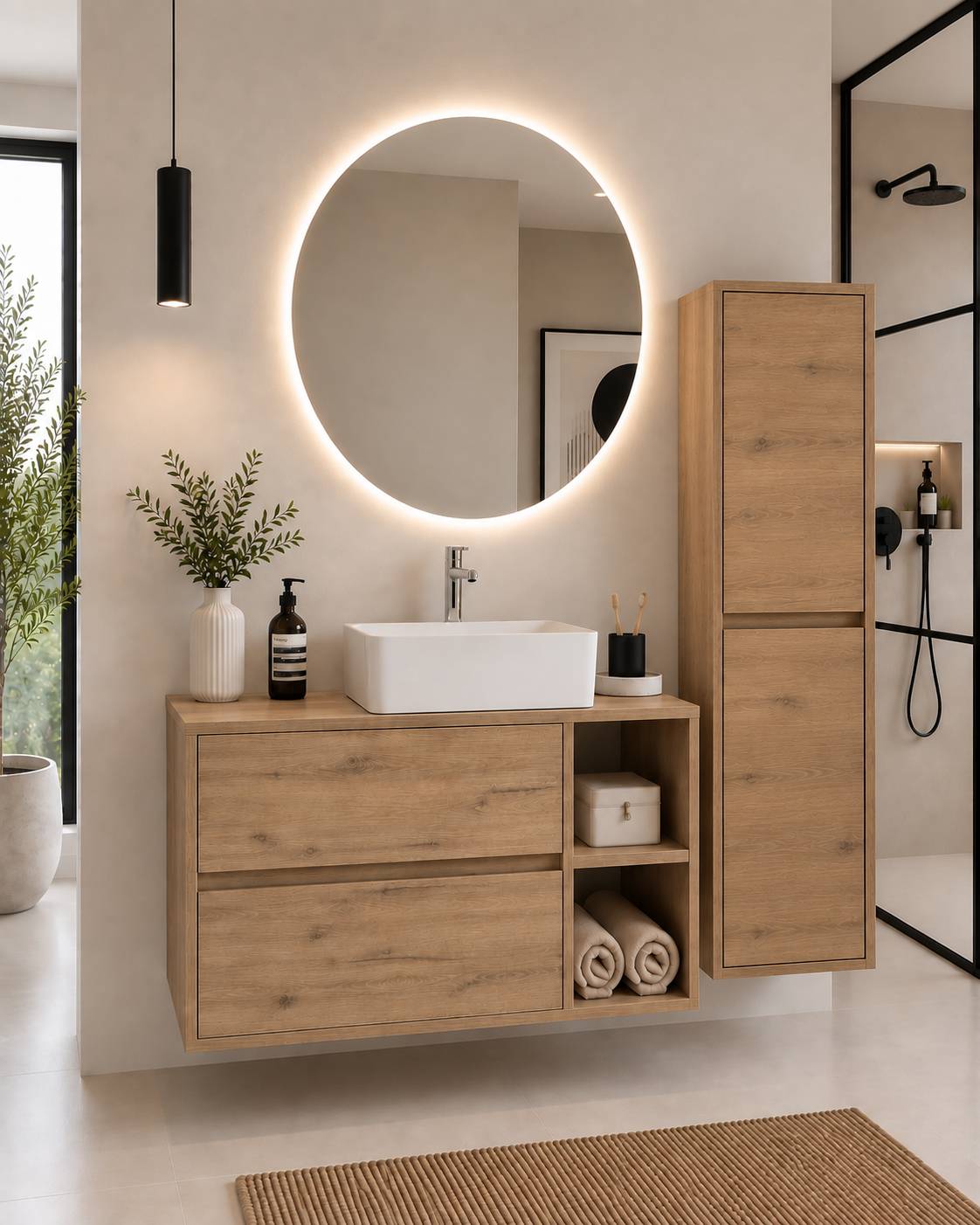 Badmöbel Mit Holzplatte Und Aufsatzwaschbecken Origenbath Zeus Ohne Spiegel 100x45 Cm Rechts Estepa Mit Säule