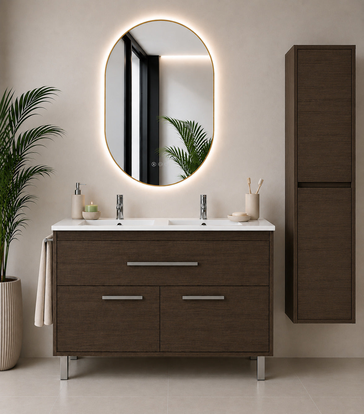 Badmöbel Mit Waschbecken Origenbath Bahia Ohne Spiegel 120x45 Cm Doppelwaschbecken Esche Tea Mit Säule