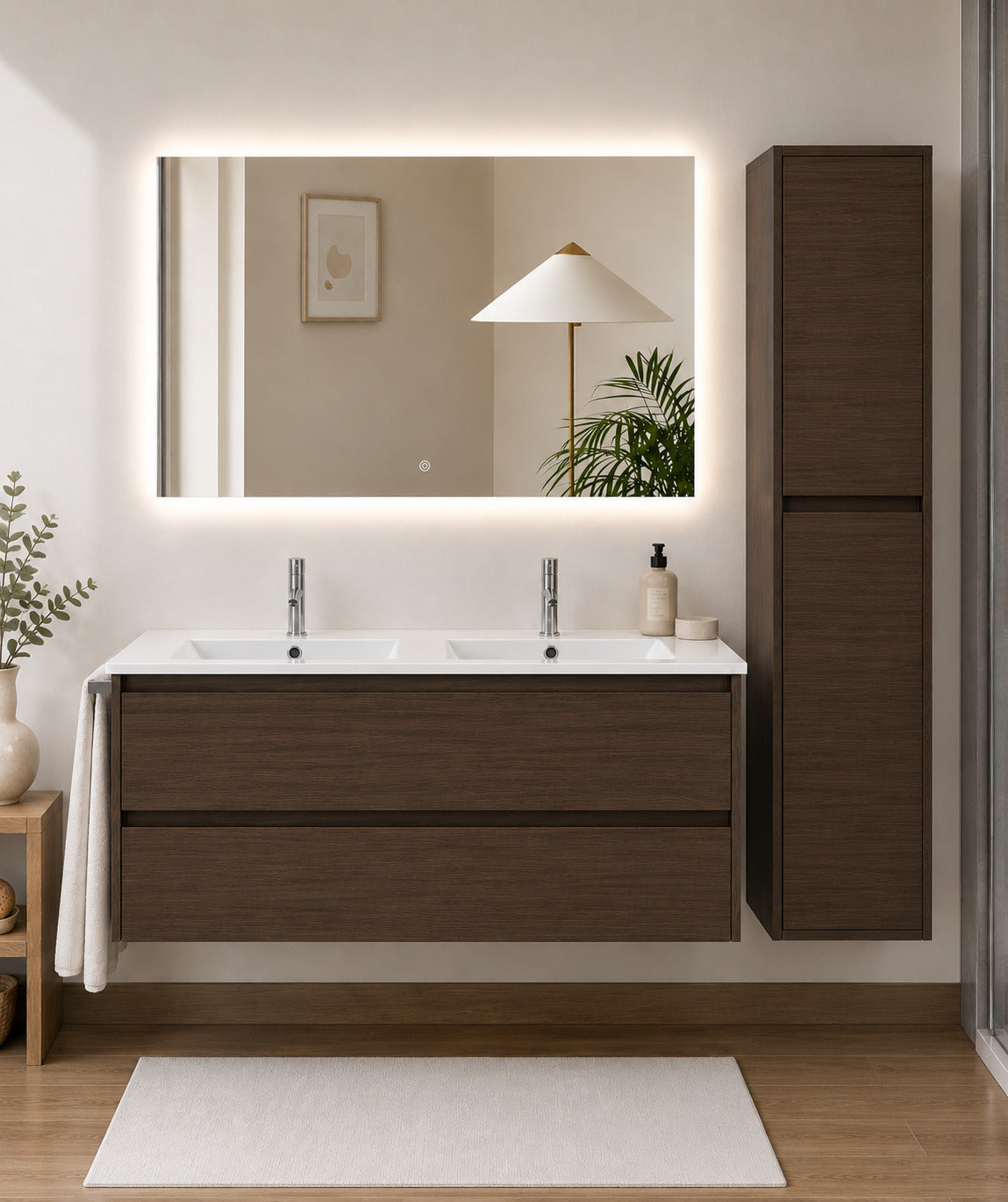 Badmöbel Mit Waschbecken Origenbath Ibiza Ohne Spiegel 120x45 Cm Doppelwaschbecken Esche Tea Mit Säule