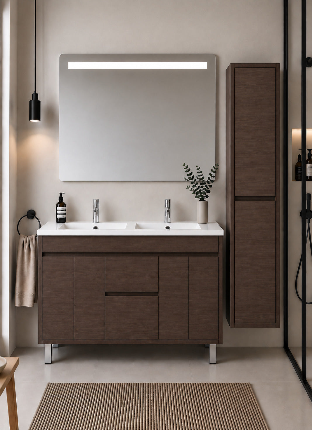 Badmöbel Mit Waschbecken Origenbath Isquia Ohne Spiegel 120x45 Cm Doppelwaschbecken Esche Tea Mit Säule