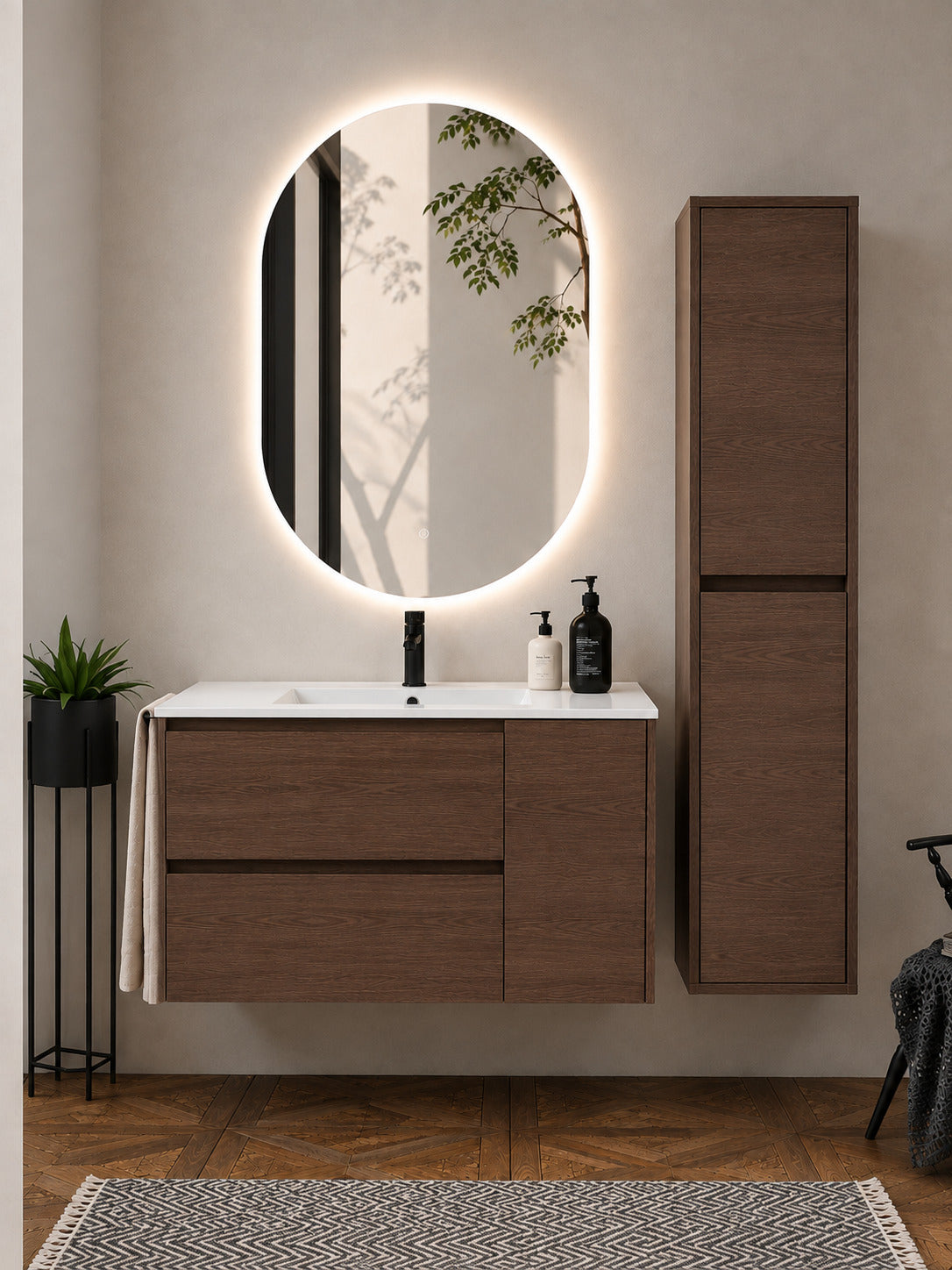 Badmöbel Mit Waschbecken Origenbath Itaca Ohne Spiegel 100x40 Cm Esche Tea Mit Säule