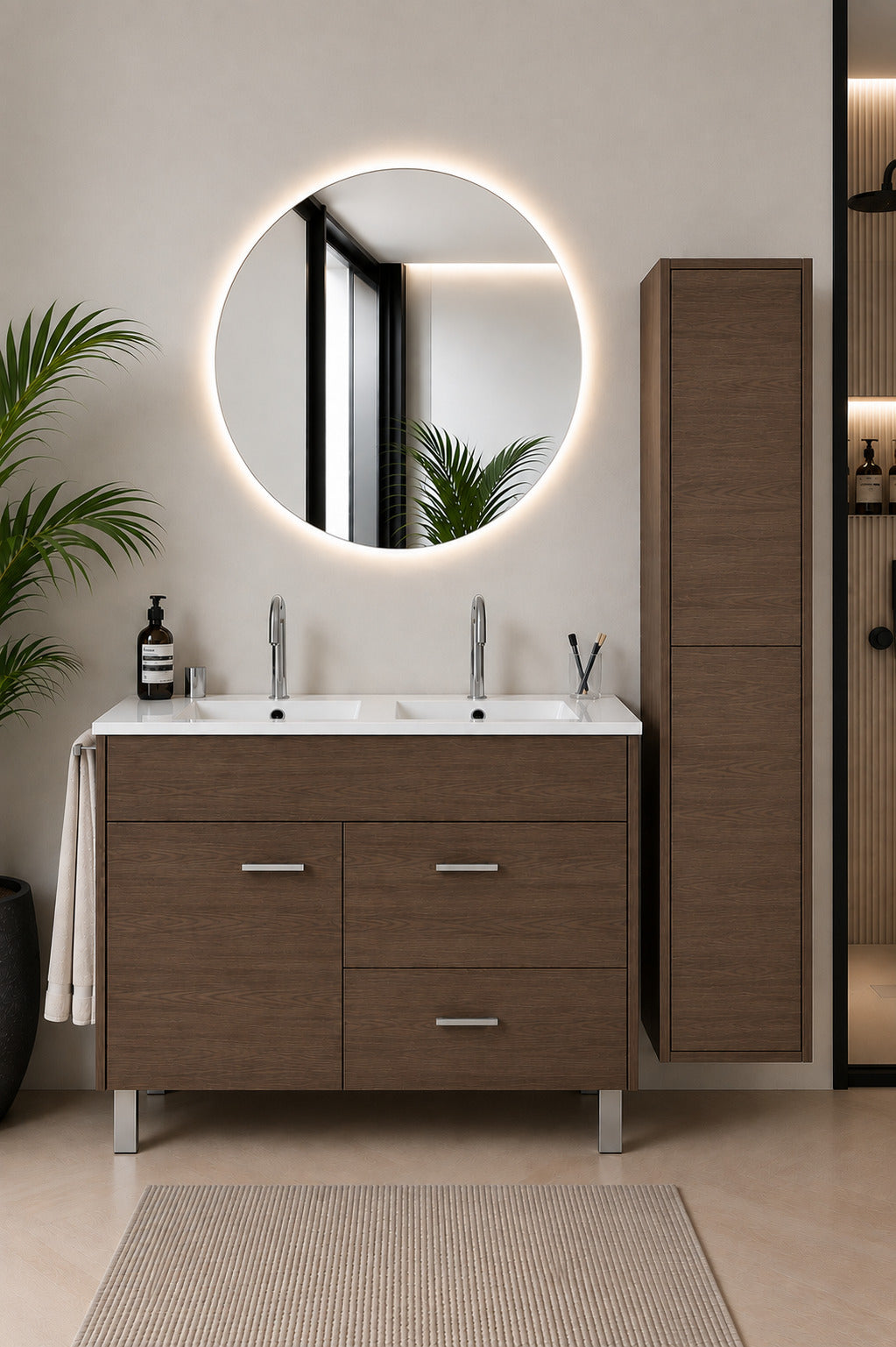 Badmöbel Mit Waschbecken Origenbath Samos Ohne Spiegel 120x45 Cm Doppelwaschbecken Esche Tea Mit Säule