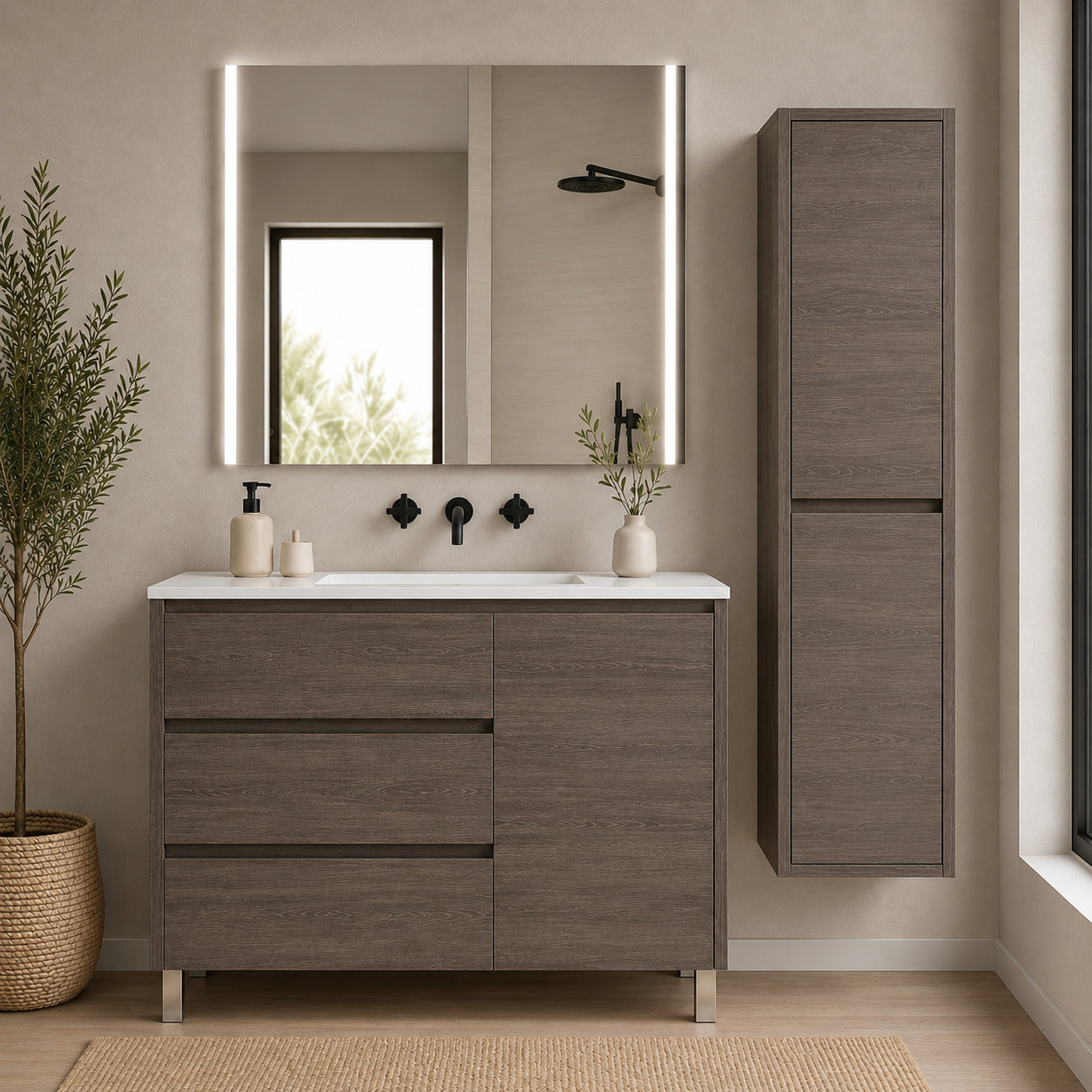 Badmöbel Mit 3 Schubladen, Tür Und Waschbecken Origenbath Volum Ohne Spiegel 100x45 Cm Smoky-eiche Mit Säule