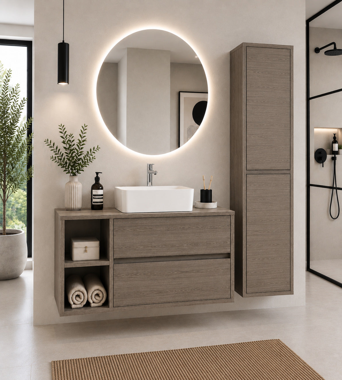 Badmöbel Mit Holzplatte Und Aufsatzwaschbecken Origenbath Zeus Ohne Spiegel 90x45 Cm Links Smoky-eiche Mit Säule