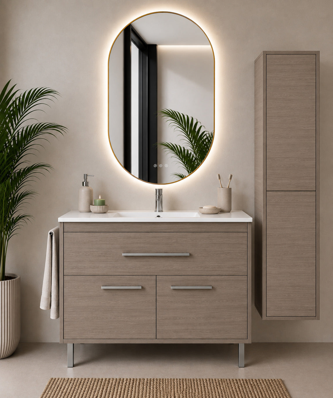Badmöbel Mit Waschbecken Origenbath Bahia Ohne Spiegel 100x40 Cm Smoky-eiche Mit Säule