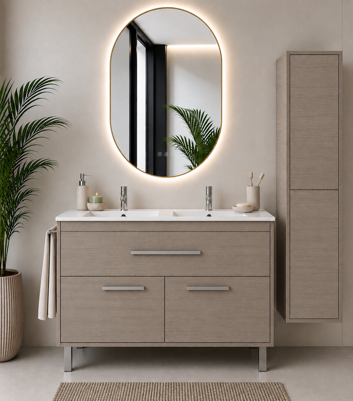 Badmöbel Mit Waschbecken Origenbath Bahia Ohne Spiegel 120x45 Cm Doppelwaschbecken Smoky-eiche Mit Säule