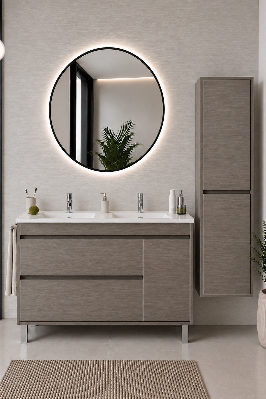 Badmöbel Mit Waschbecken Origenbath Caprera Ohne Spiegel 120x45 Cm Doppelwaschbecken Smoky-eiche Mit Säule