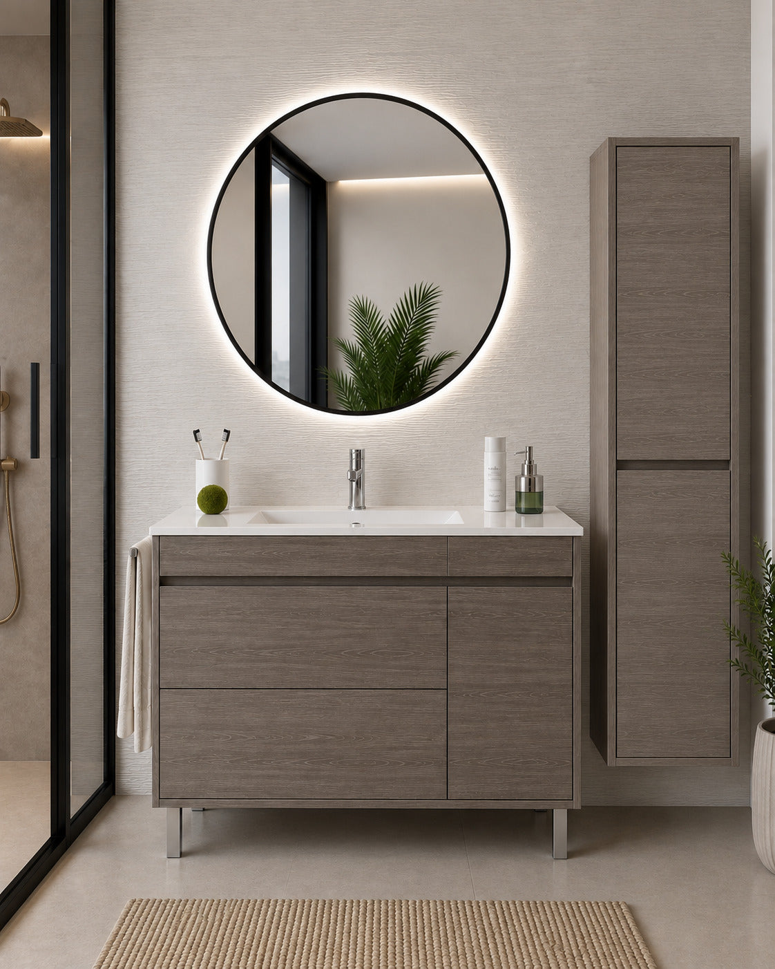 Badmöbel Mit Waschbecken Origenbath Caprera Ohne Spiegel 70x40 Cm Smoky-eiche Mit Säule