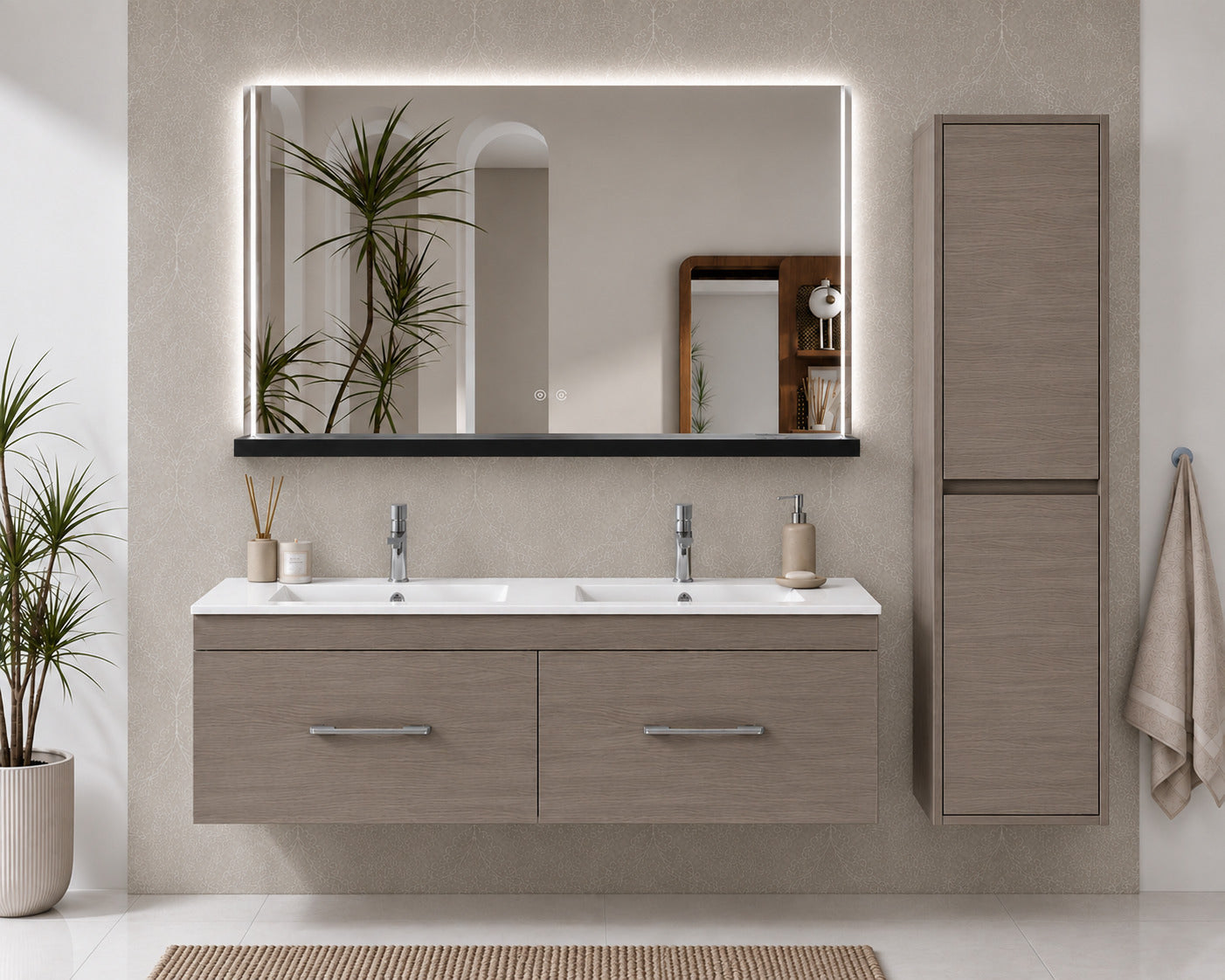 Badmöbel Mit Waschbecken Origenbath Florencia Ohne Spiegel 120x45 Cm 2 Senos Smoky-eiche Mit Säule