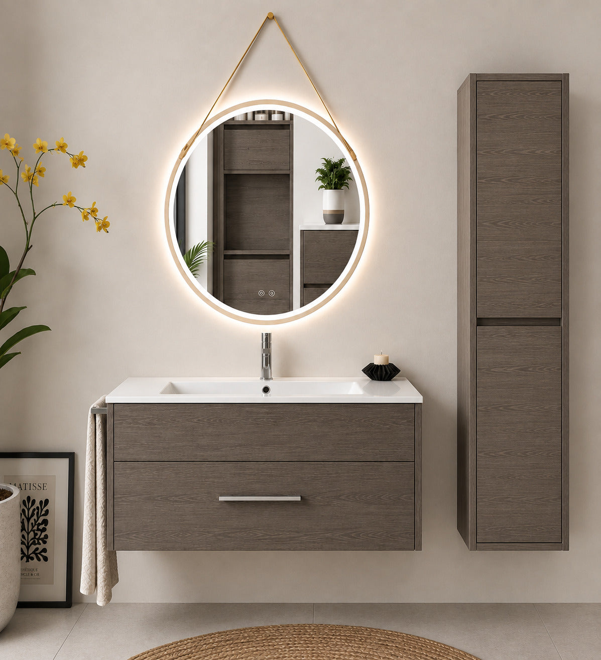 Badmöbel Mit Waschbecken Origenbath Florencia Ohne Spiegel 90x40 Cm Smoky-eiche Mit Säule