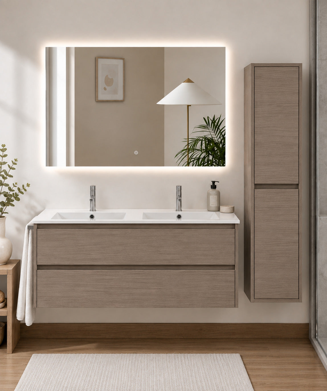 Badmöbel Mit Waschbecken Origenbath Ibiza Ohne Spiegel 120x45 Cm Doppelwaschbecken Smoky-eiche Mit Säule
