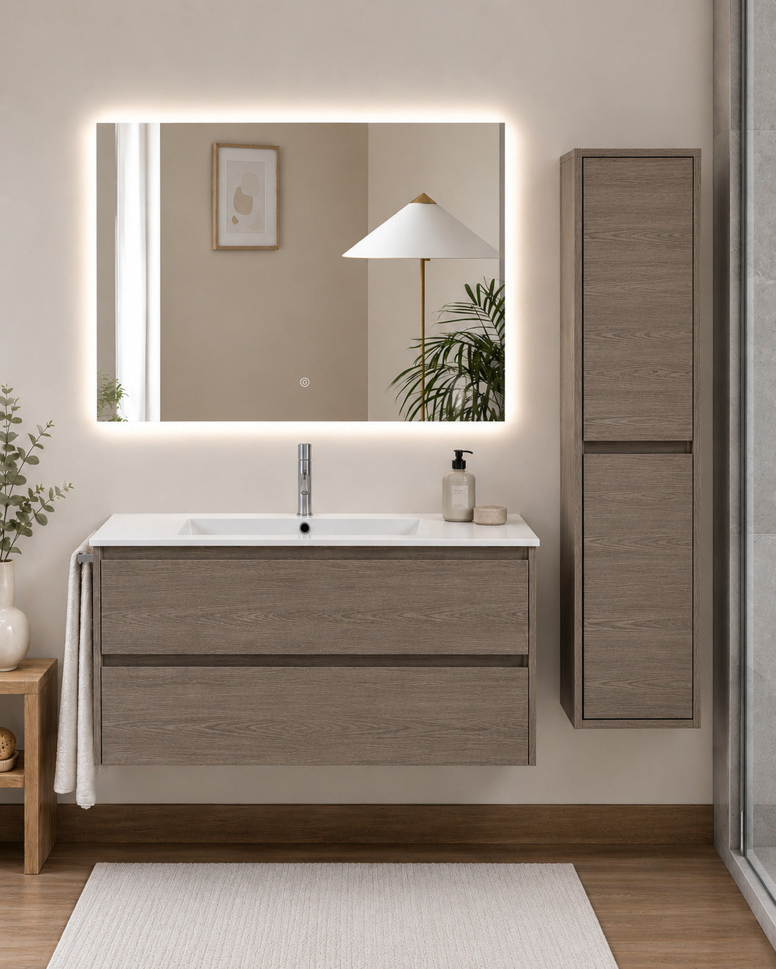 Badmöbel Mit Waschbecken Origenbath Ibiza Ohne Spiegel 60x45 Cm Smoky-eiche Mit Säule