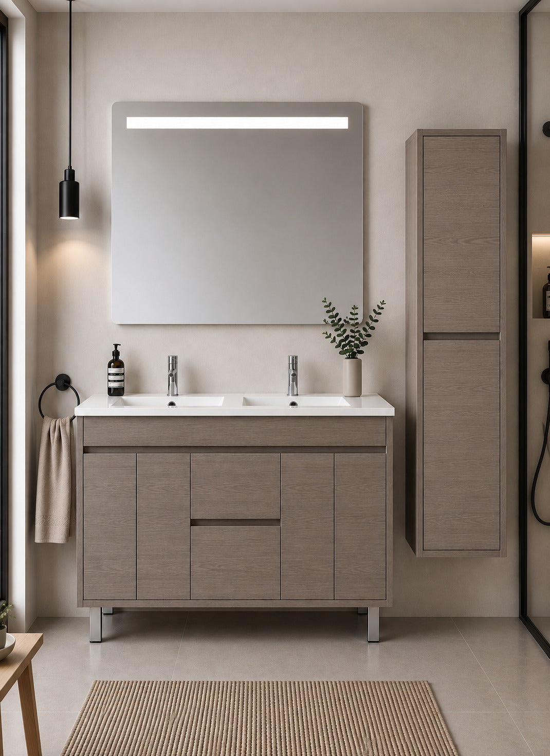 Badmöbel Mit Waschbecken Origenbath Isquia Ohne Spiegel 120x45 Cm Doppelwaschbecken Smoky-eiche Mit Säule