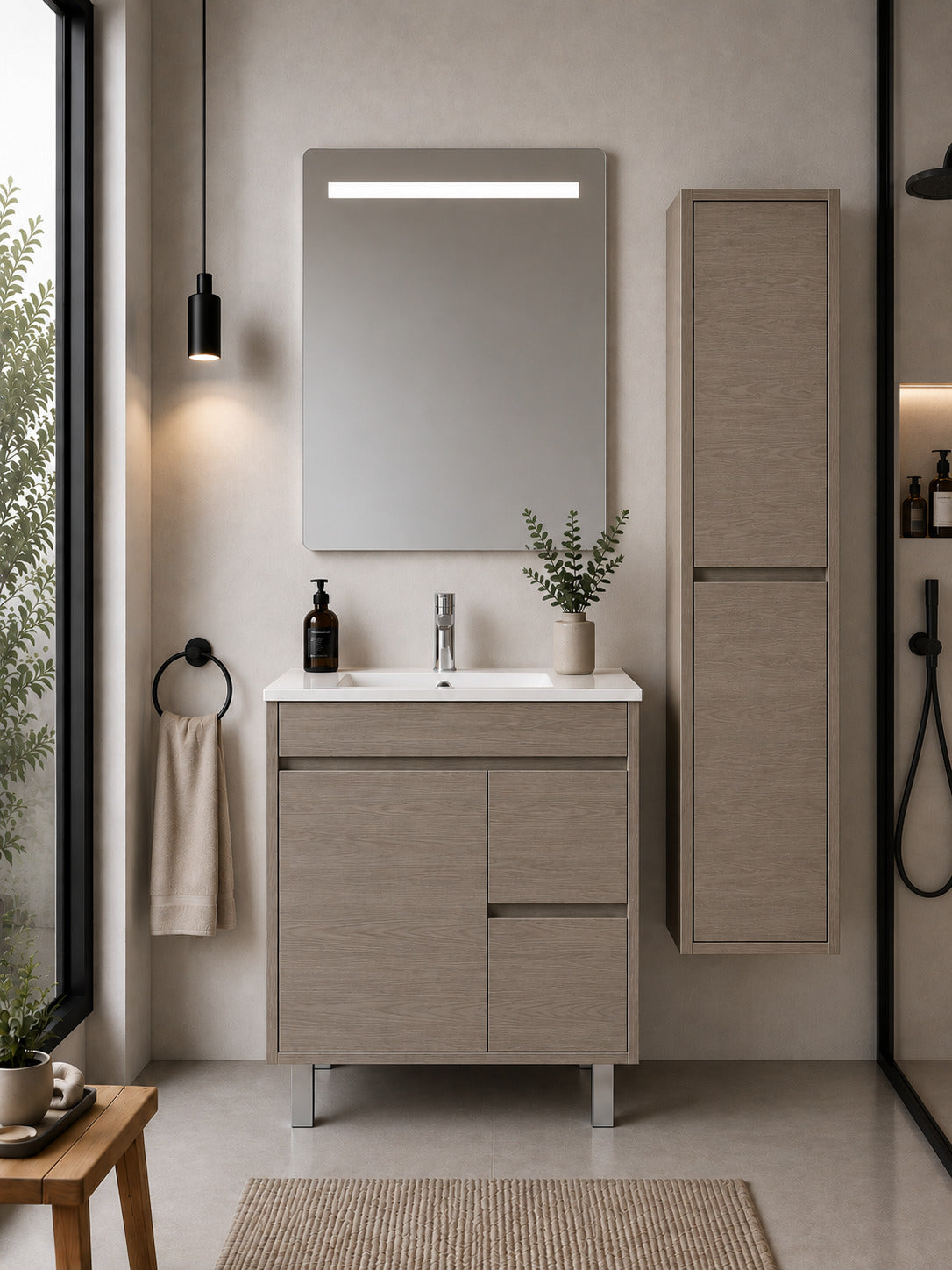 Badmöbel Mit Waschbecken Origenbath Isquia Ohne Spiegel 50x40 Cm Smoky-eiche Mit Säule