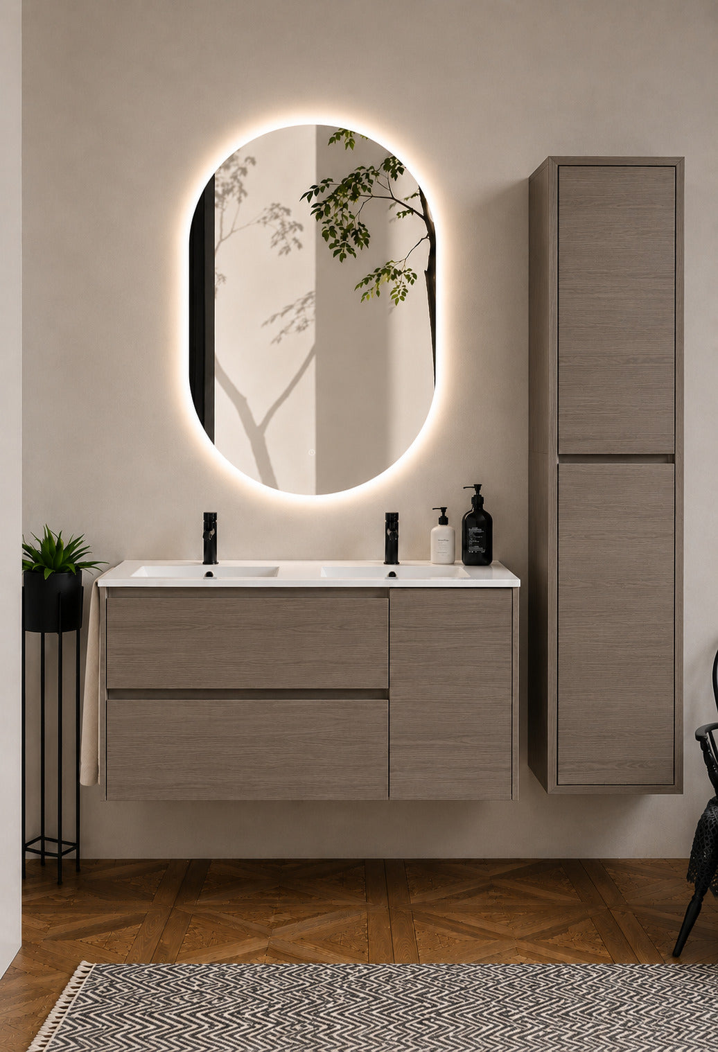 Badmöbel Mit Waschbecken Origenbath Itaca Ohne Spiegel 120x45 Cm Doppelwaschbecken Smoky-eiche Mit Säule