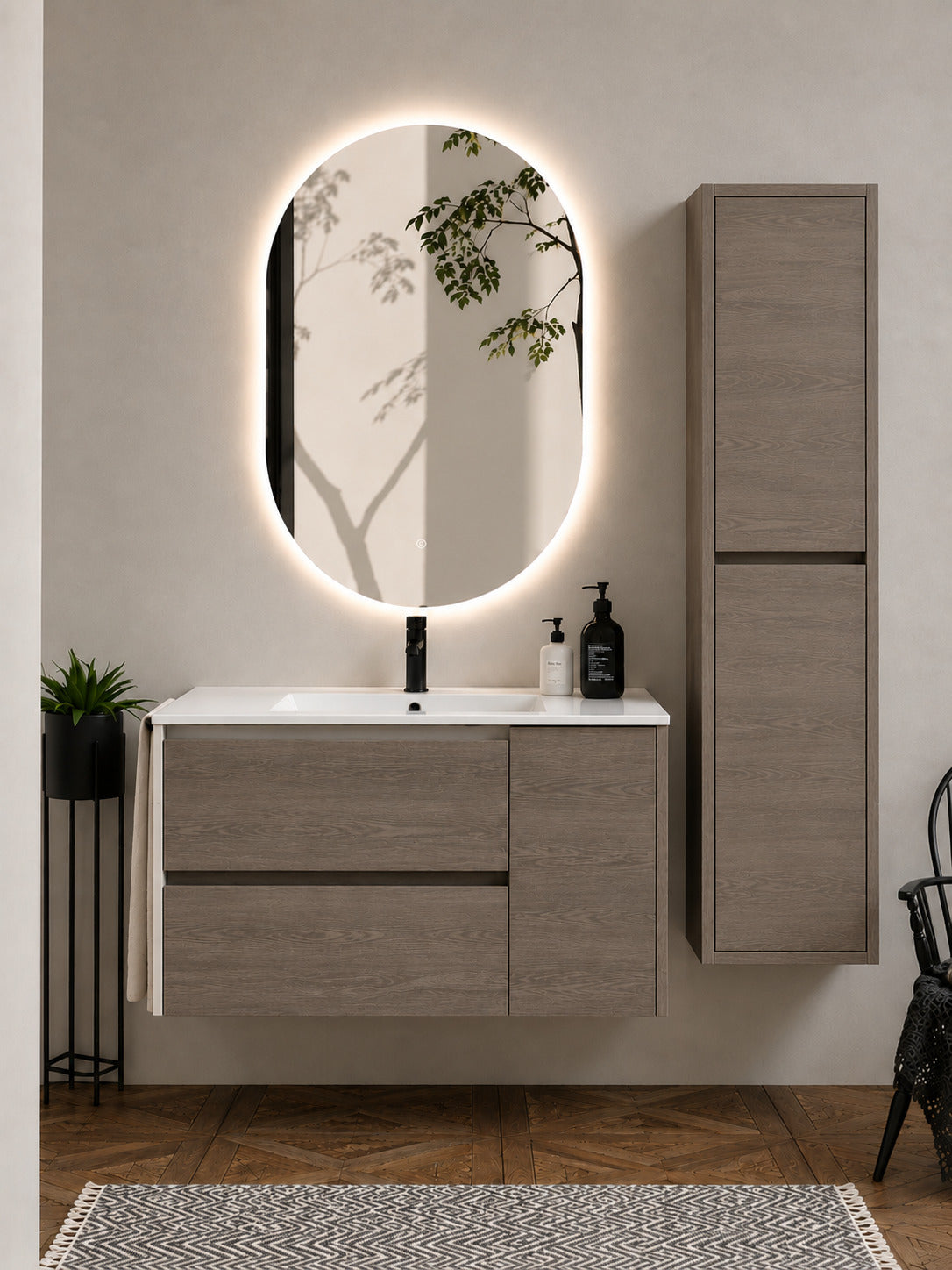 Badmöbel Mit Waschbecken Origenbath Itaca Ohne Spiegel 90x40 Cm Smoky-eiche Mit Säule