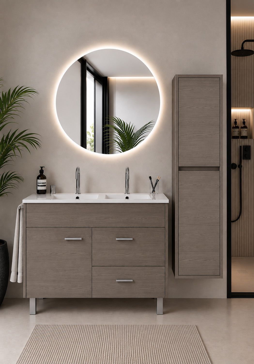Badmöbel Mit Waschbecken Origenbath Samos Ohne Spiegel 120x45 Cm Doppelwaschbecken Smoky-eiche Mit Säule