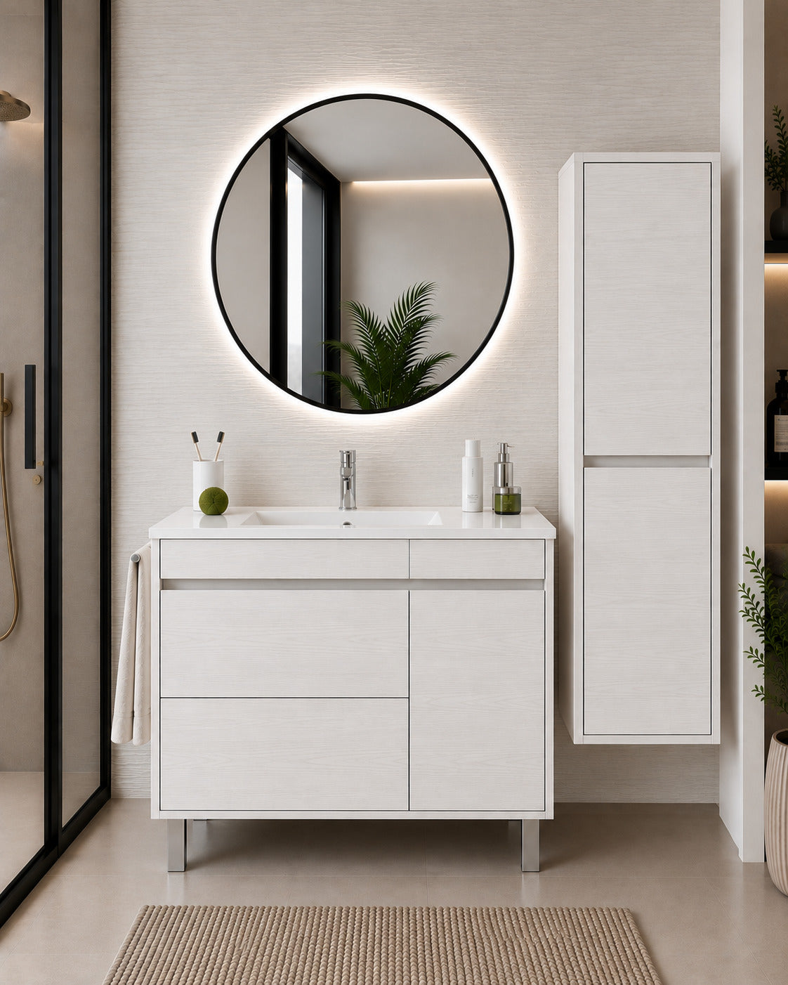 Badmöbel Mit Waschbecken Origenbath Caprera Ohne Spiegel 100x40 Cm Nordisch Weiß Mit Säule