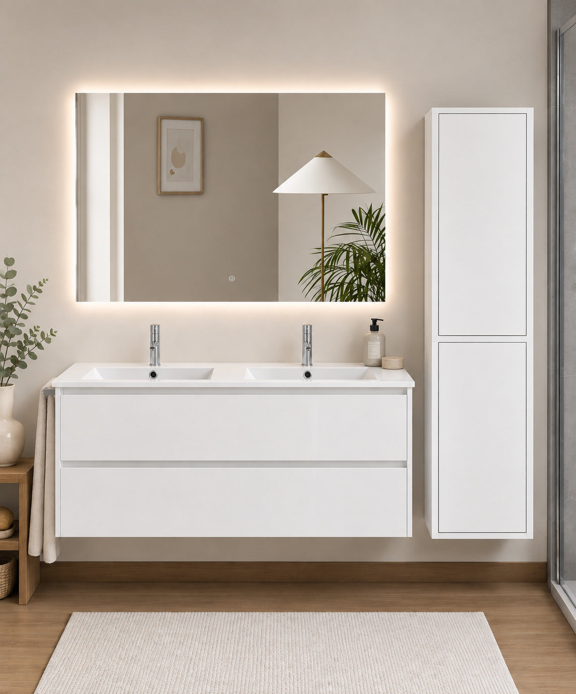 Badmöbel Mit Waschbecken Origenbath Ibiza Ohne Spiegel 120x45 Cm Doppelwaschbecken Weiß Mit Säule