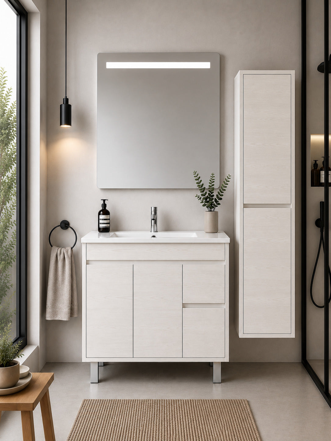 Badmöbel Mit Waschbecken Origenbath Isquia Ohne Spiegel 90x45 Cm Nordisch Weiß Mit Säule