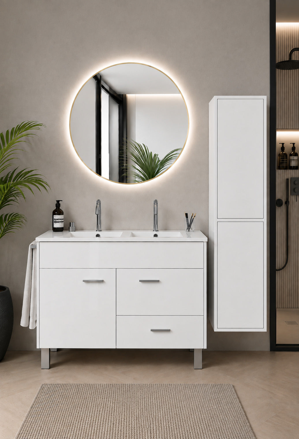 Badmöbel Mit Waschbecken Origenbath Samos Ohne Spiegel 120x45 Cm Doppelwaschbecken Weiß Mit Säule