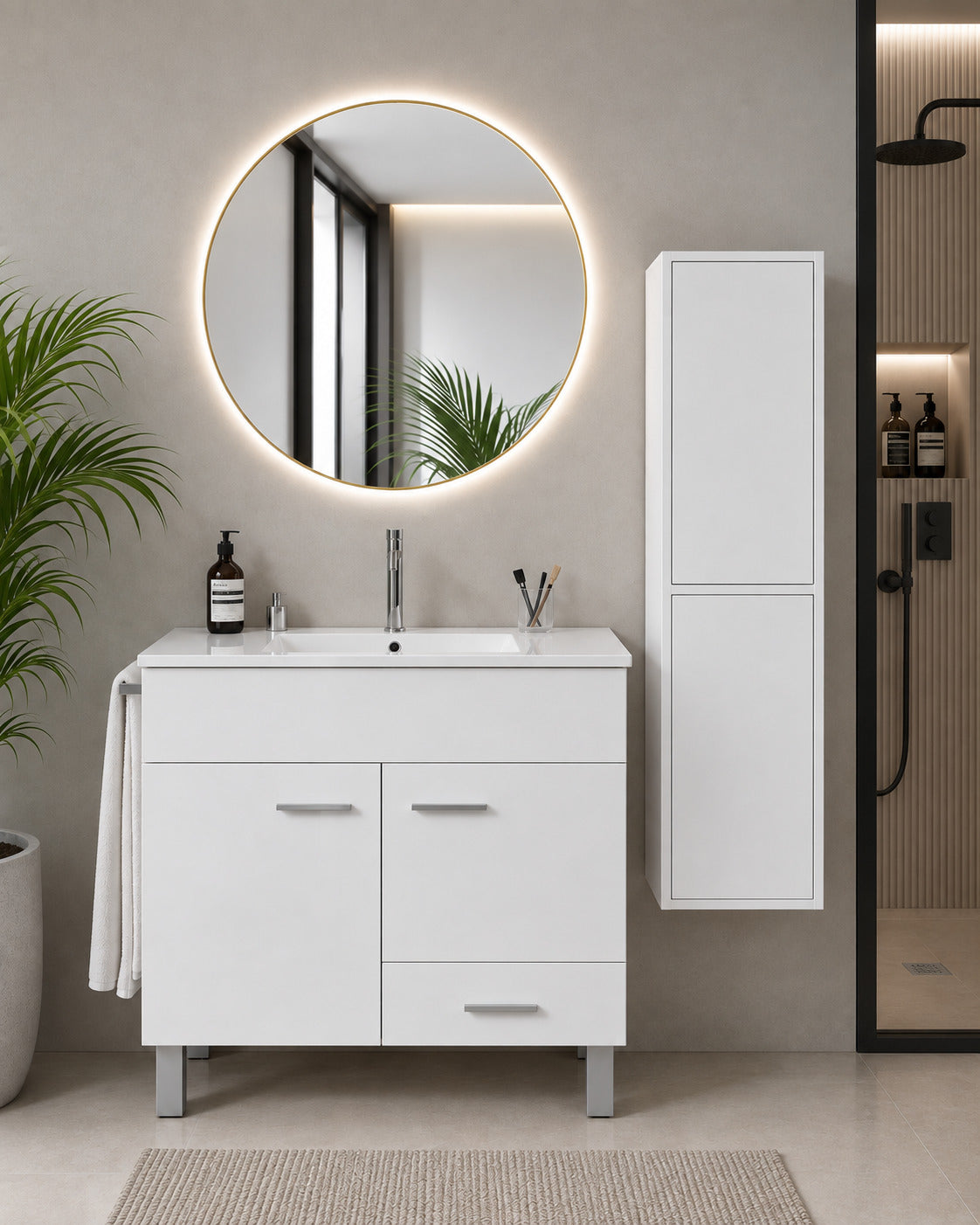 Badmöbel Mit Waschbecken Origenbath Samos Ohne Spiegel 60x35 Cm Weiß Mit Säule
