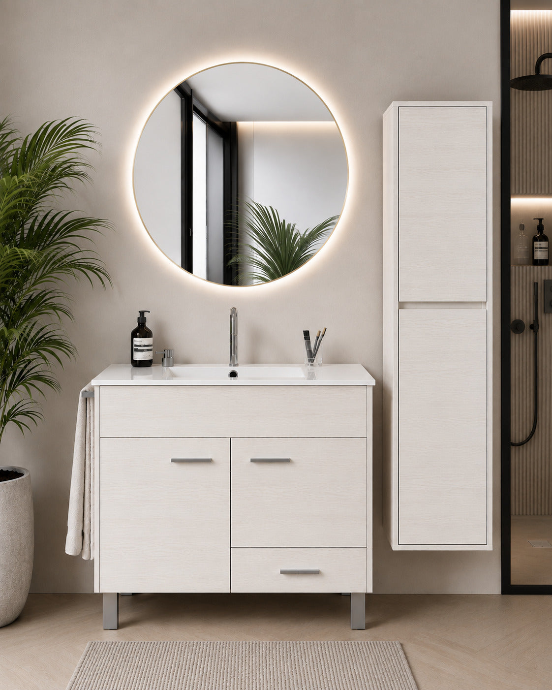 Badmöbel Mit Waschbecken Origenbath Samos Ohne Spiegel 90x40 Cm Nordisch Weiß Mit Säule