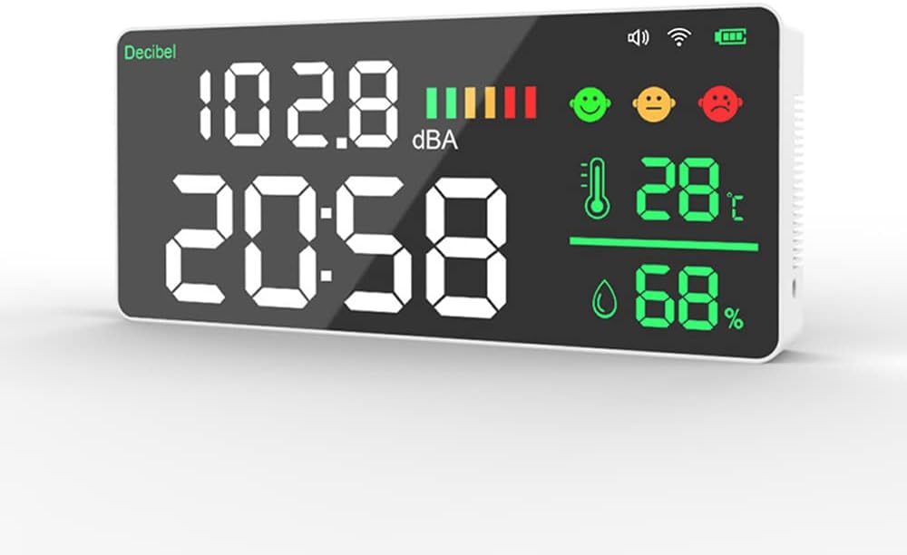 Wlan-dezibelmesser 4-in-1: Temperatur-, Feuchtigkeits- Und Dezibelmessung, Wecker, 11-zoll-led-farbdisplay, Intelligente App-anbindung, Geräuschreduzierung
