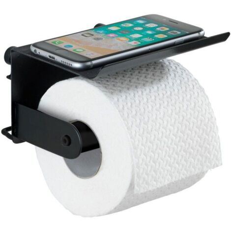 Schwarzer Toilettenpapierhalter Mit Ablage – Rostfreies Metall – Traditionelle Oder Power-lock-montage – Maße: 14 X 14 X 10 Cm