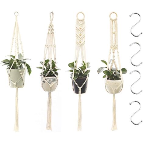 Makramee-pflanzenampeln, 4-teiliges Makramee-pflanzkorb-set Mit 4 Haken, Handgeflochtene Makramee-blumenampeln Für Die Gartendekoration Im Innen- Und Außenbereich