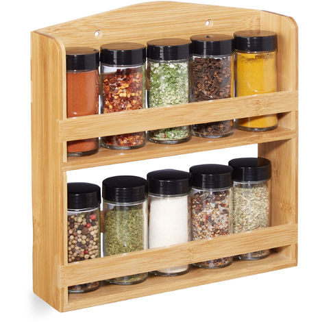 Relaxdays – Gewürzregal Aus Bambus Mit 10 Glasbehältern – Maße: 27 X 26 X 6,5 Cm – Ästhetische Und Praktische Wandaufbewahrung
