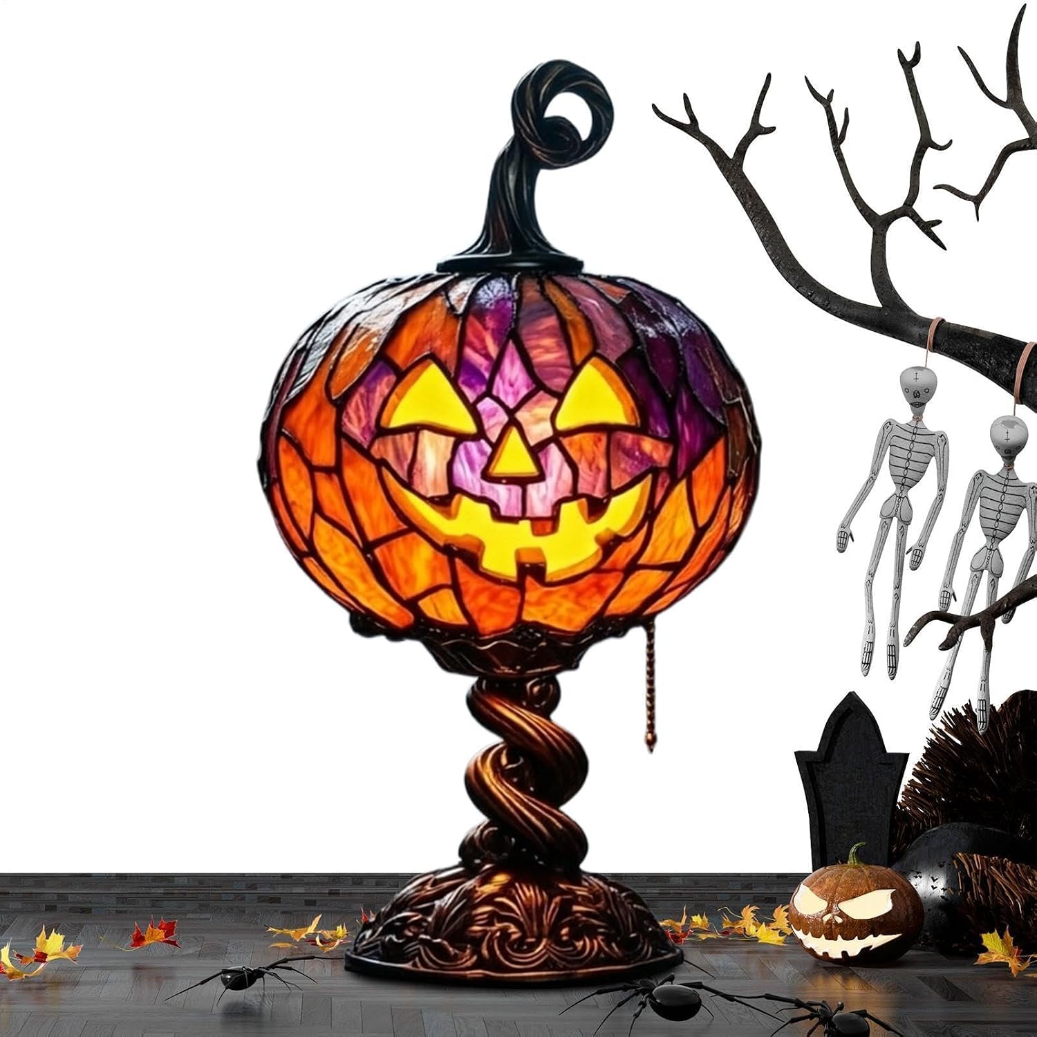 Halloween-tischlampe Aus Buntglas Mit Kürbismotiv, Kürbis-nachtlicht Im Vintage-stil, Usb-betrieben