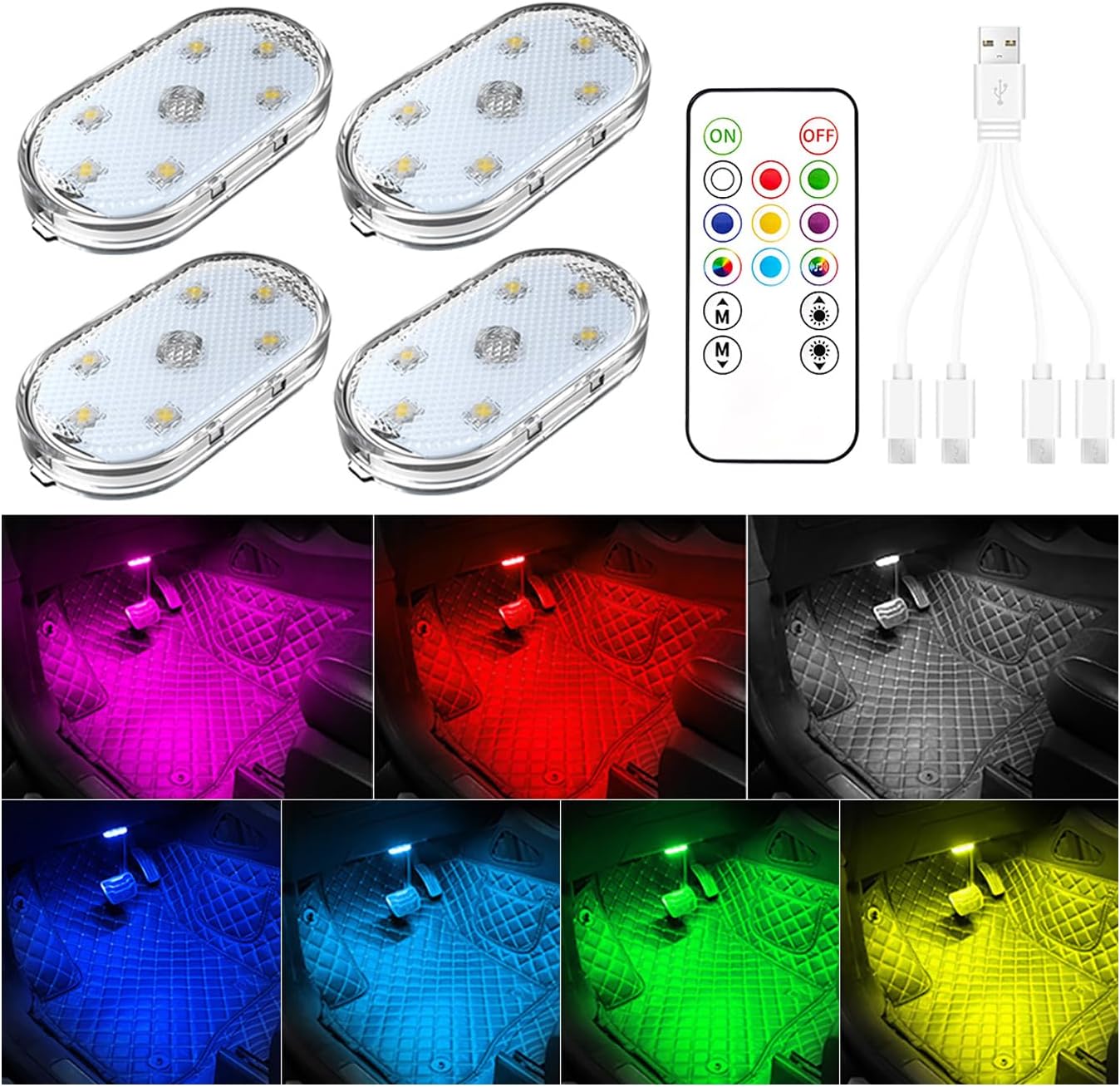 Set Mit 4 Led-autoinnenraumleuchten Mit Fernbedienung, 7 Ambientebeleuchtungsfarben Für Den Fahrzeuginnenraum