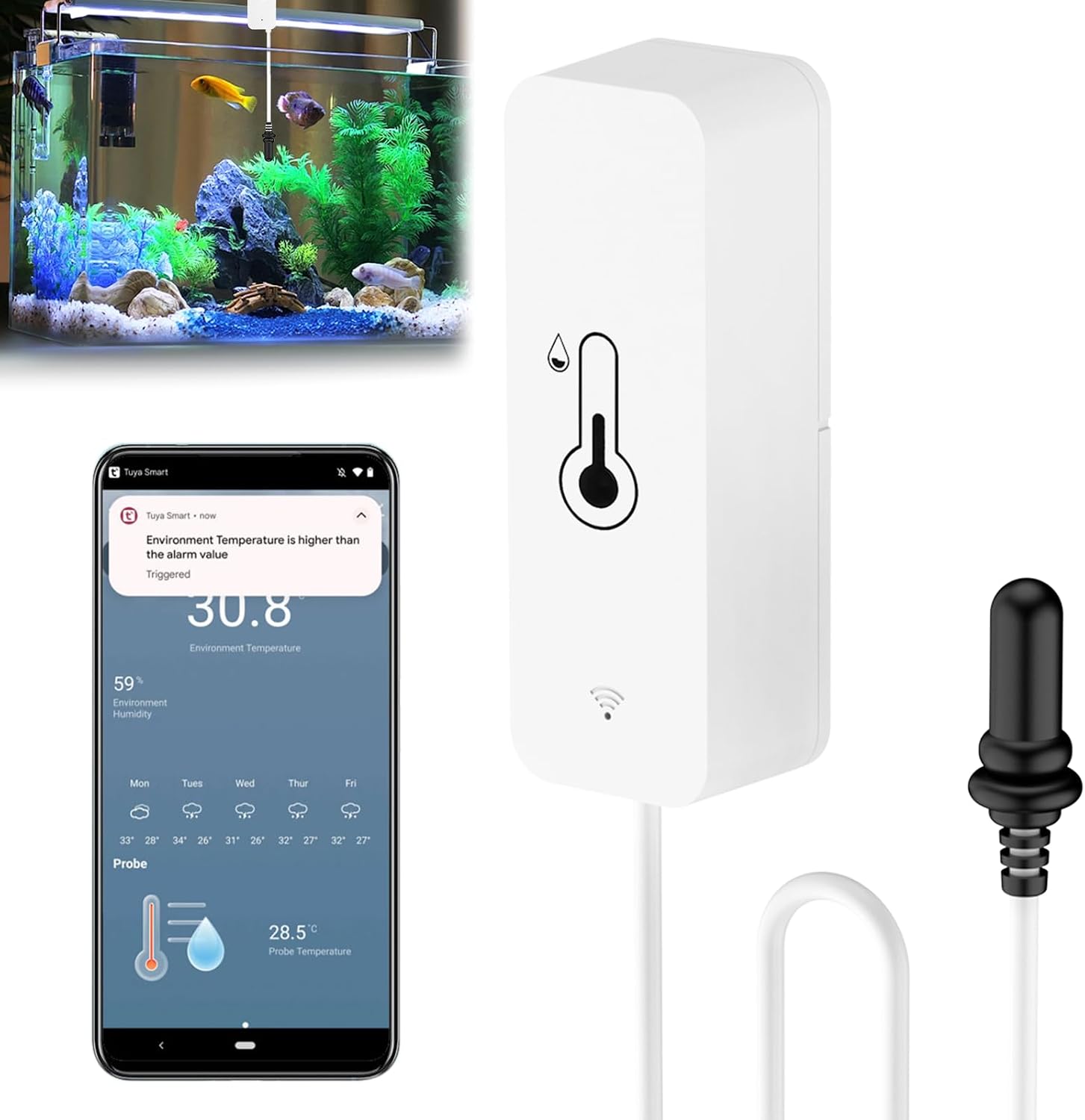 Intelligentes Wlan-thermometer Und Hygrometer Mit Temperatur- Und Feuchtigkeitssonde Sowie App Zur Fernüberwachung Im Innen- Und Außenbereich Für Gewächshäuser, Aquarien, Kühlschränke, Reptilien Und M