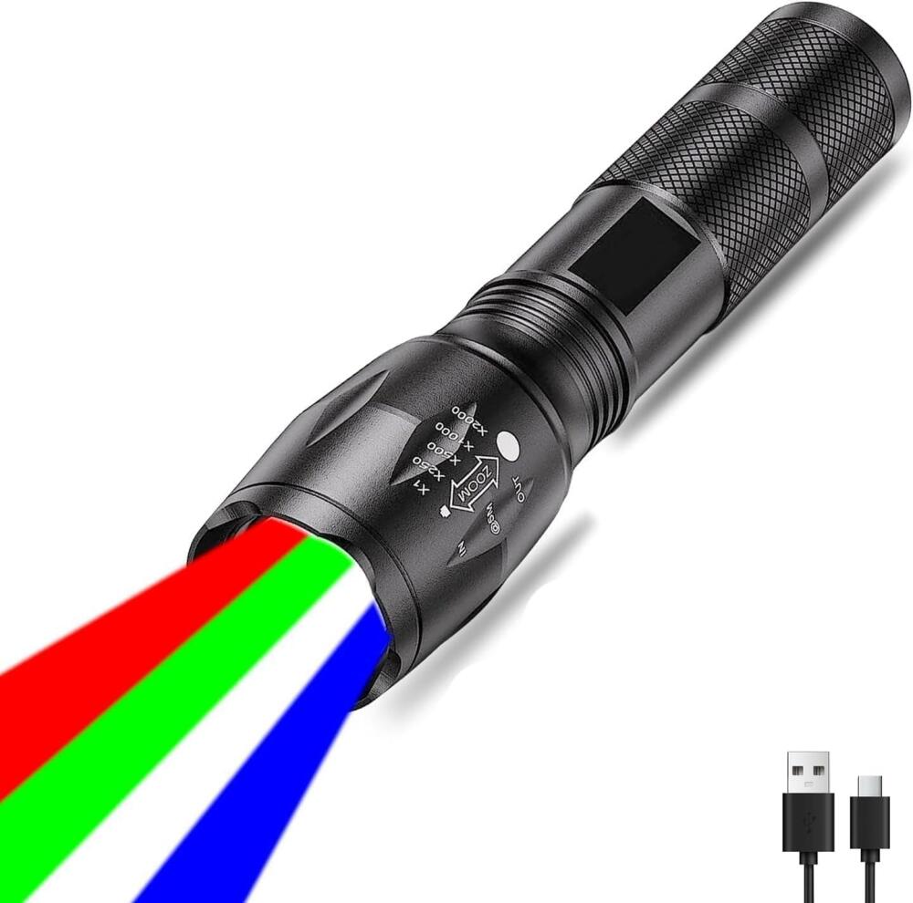 Leistungsstarke, Wiederaufladbare Vierfarben-zoom-taschenlampe, Wasserdichte Mehrfarben-zusatzleuchte, Ideal Zum Wandern, Campen, Radfahren Bei Nacht Und Fotografieren.