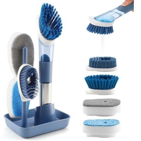 Spülbürste Mit Wassertank, Verstellbare Reinigungsbürste Mit Flüssigkeitsspender, 4-teiliges Set Mit Bürstenköpfen Für Töpfe, Pfannen Und Spülbecken, 28,5 Cm Küchenbürste Mit Halterung, Blau