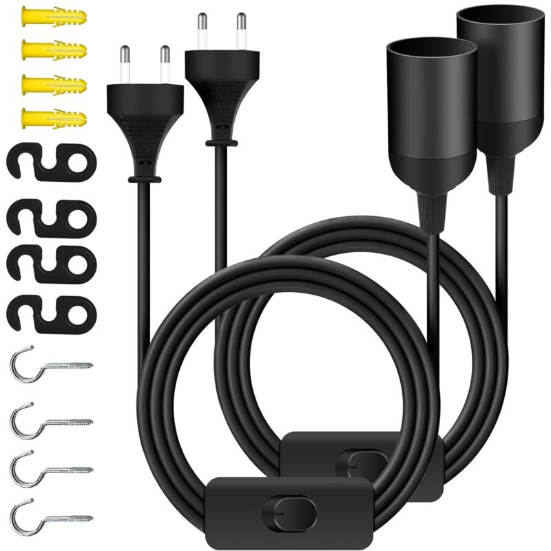 Set Mit 2 E27-lampenfassungen Mit Schalter Und Stecker, Schwarzer E27-lampensockel Mit 2 M Langem Stromkabel, Lampenfassungskabel Für Pendelleuchten, Stehlampen Und Kronleuchter