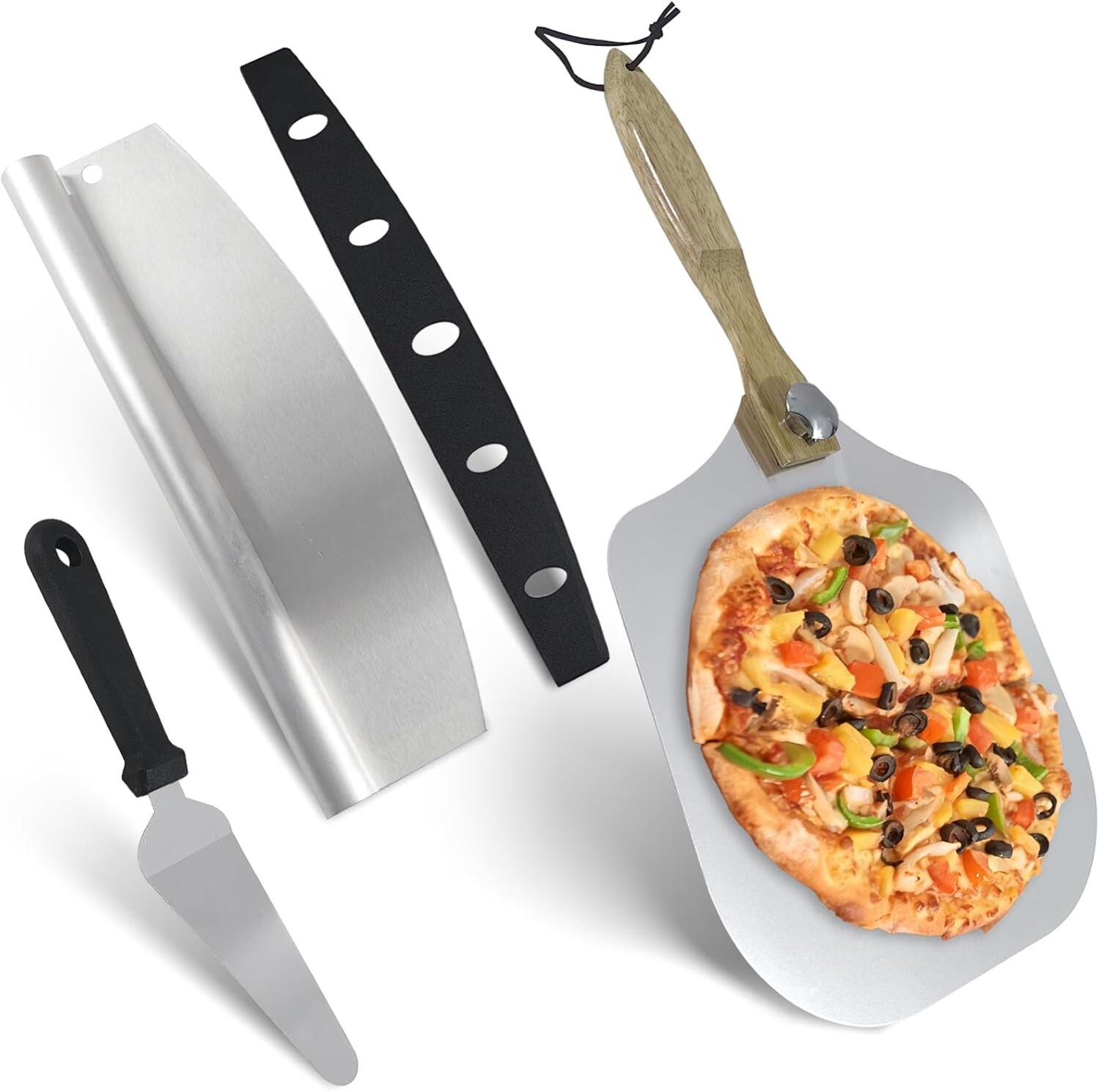 Set Mit 2 Pizzaschiebern Aus Bambusholz, 30 Cm Pizzabrett Mit Griff, Rundes Schneidebrett Zum Transportieren Von Pizza Und Brot